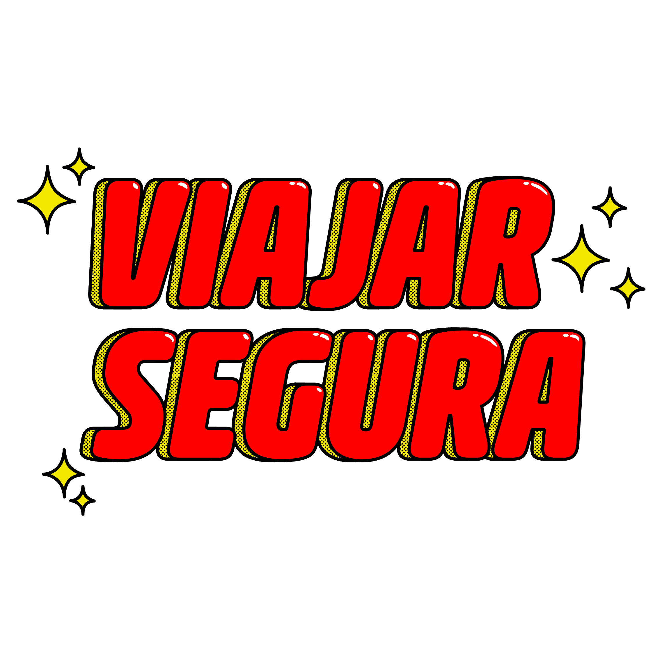 Illustrated lettering of the phrase "Viajar Segura" in red font with yellow stars.