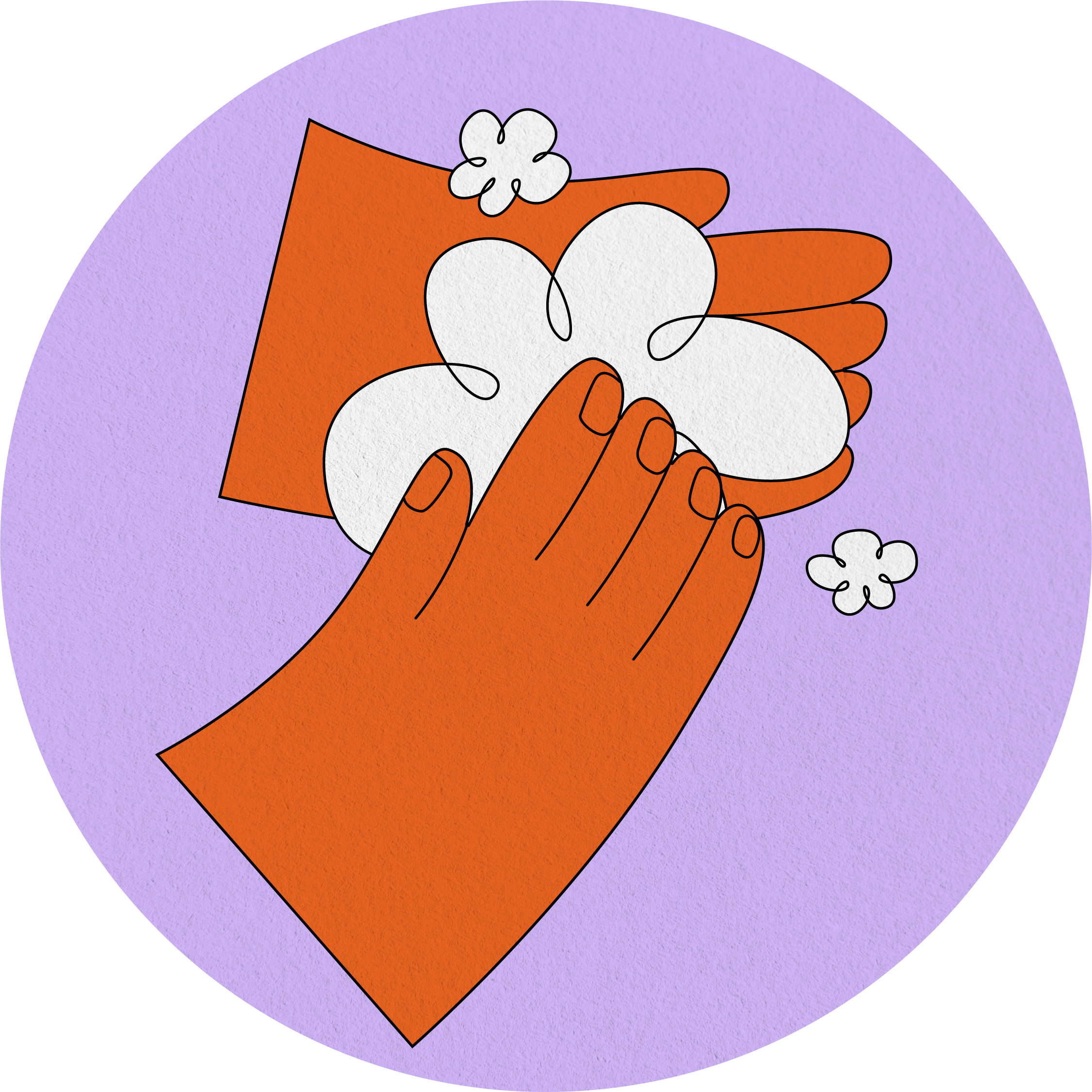 Illustration of orange hands washing themselves on purple background.