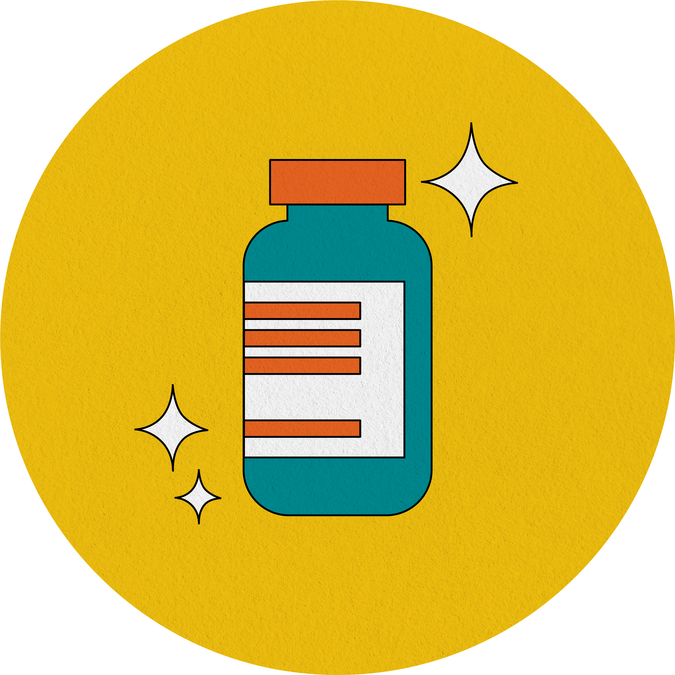 Illustration of green vaccine vial with stars around it on yellow background.