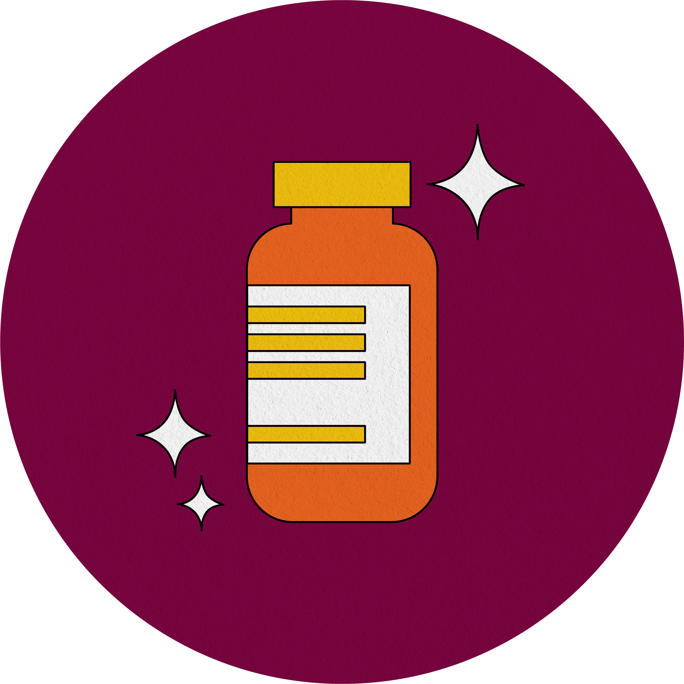 Illustration of orange vaccine vial with stars around it on purple background.