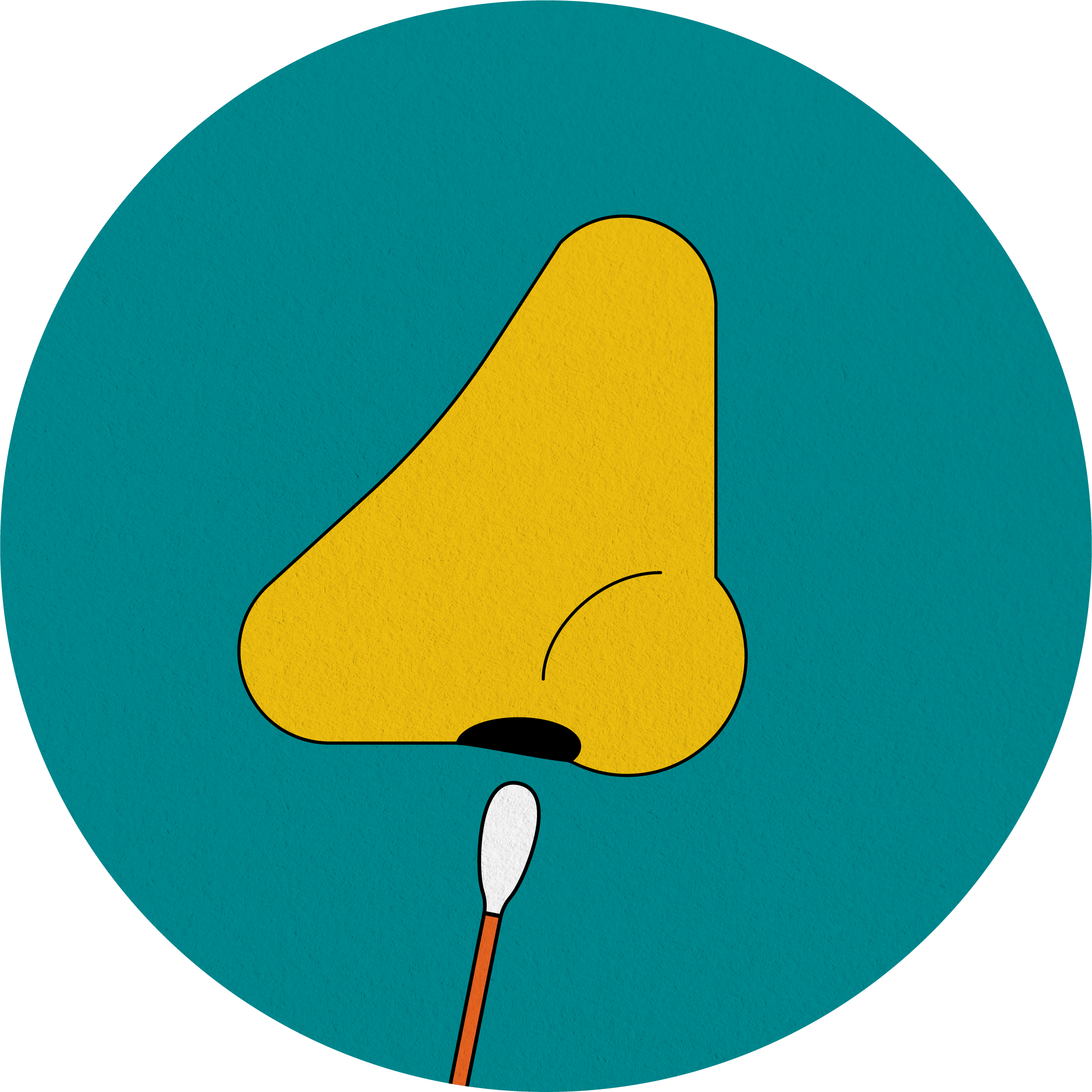 Illustration of yellow nose with COVID swab about to be inserted on green background.
