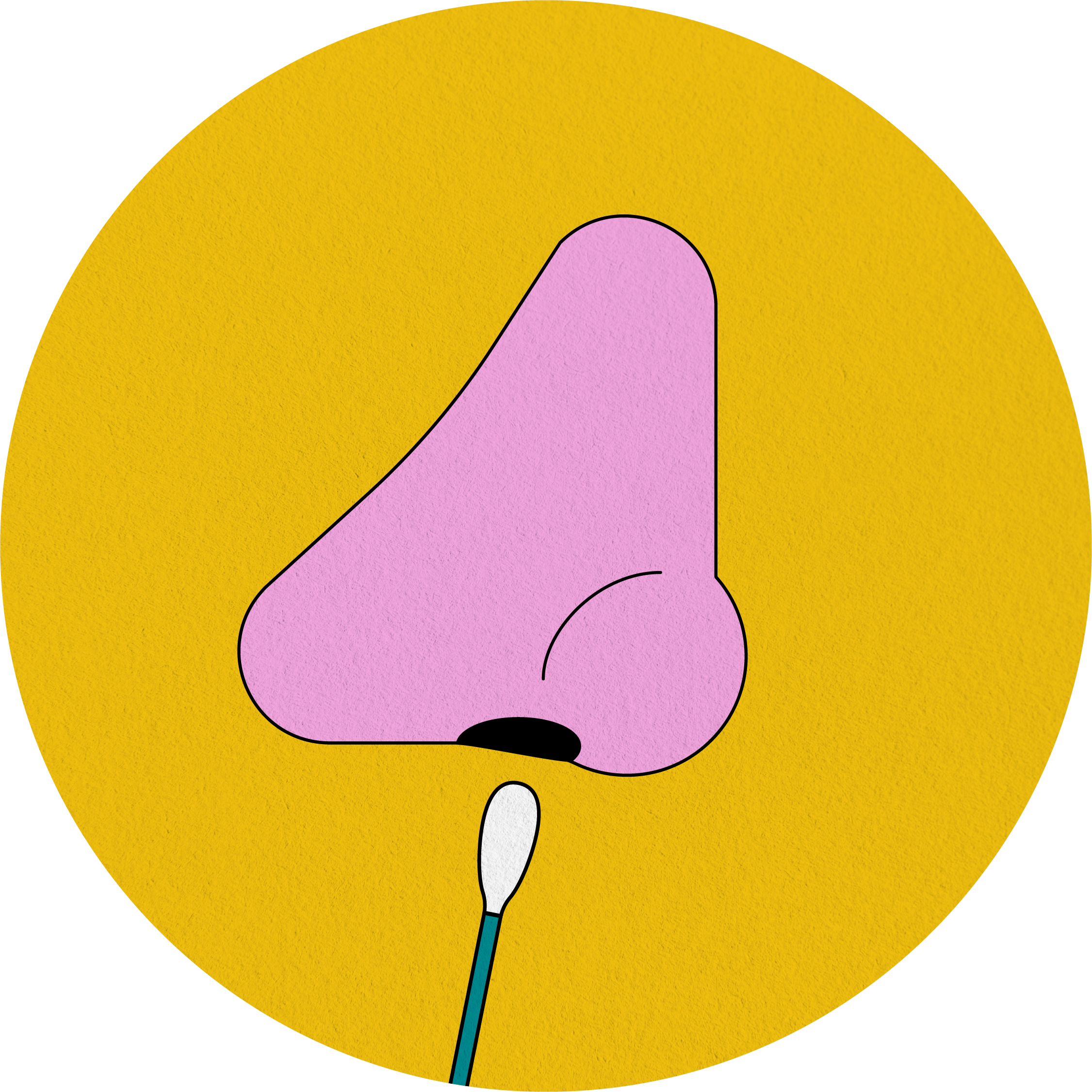 Illustration of pink nose with COVID swab about to be inserted on yellow background.