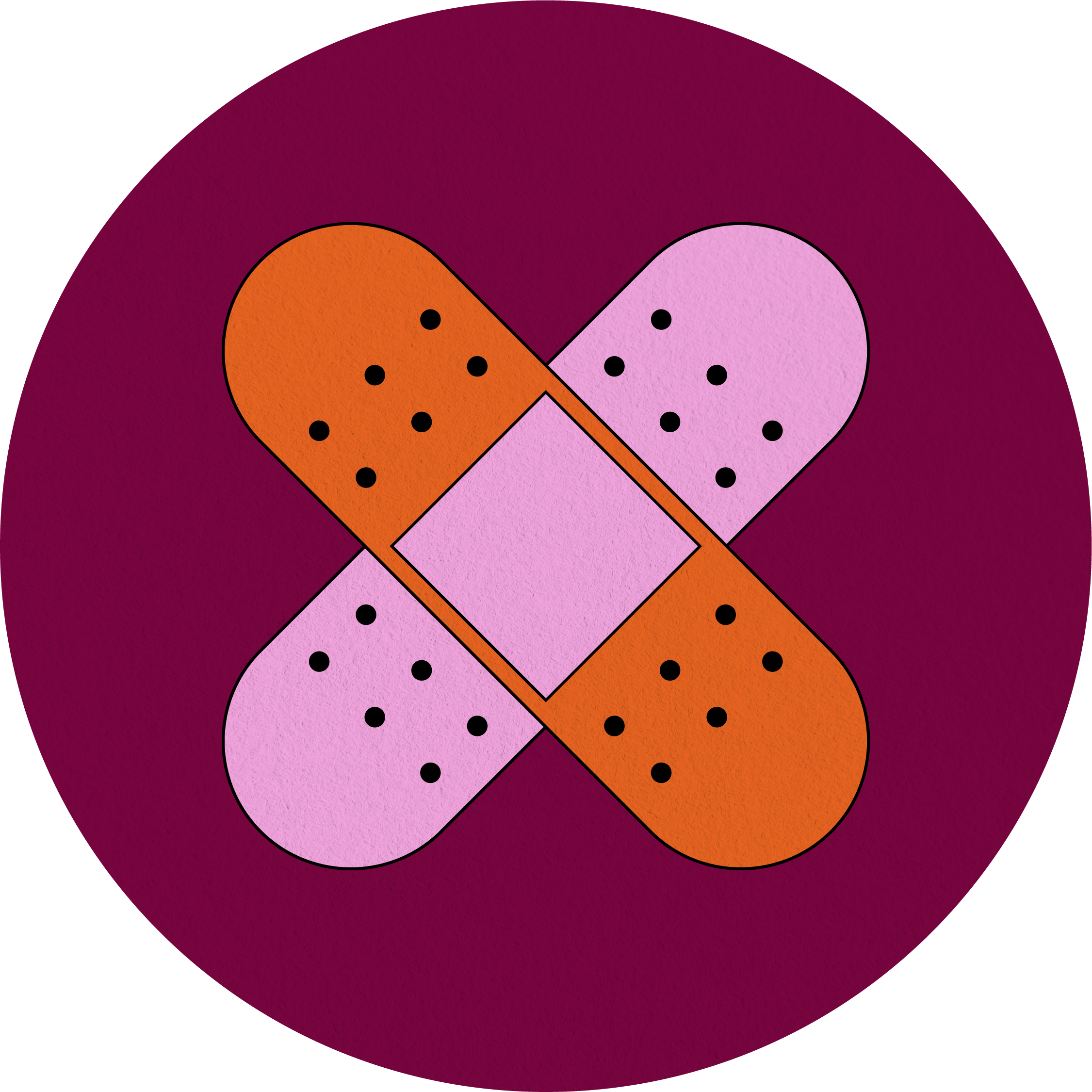 Illustration of two criss-crossed bandages on purple background.