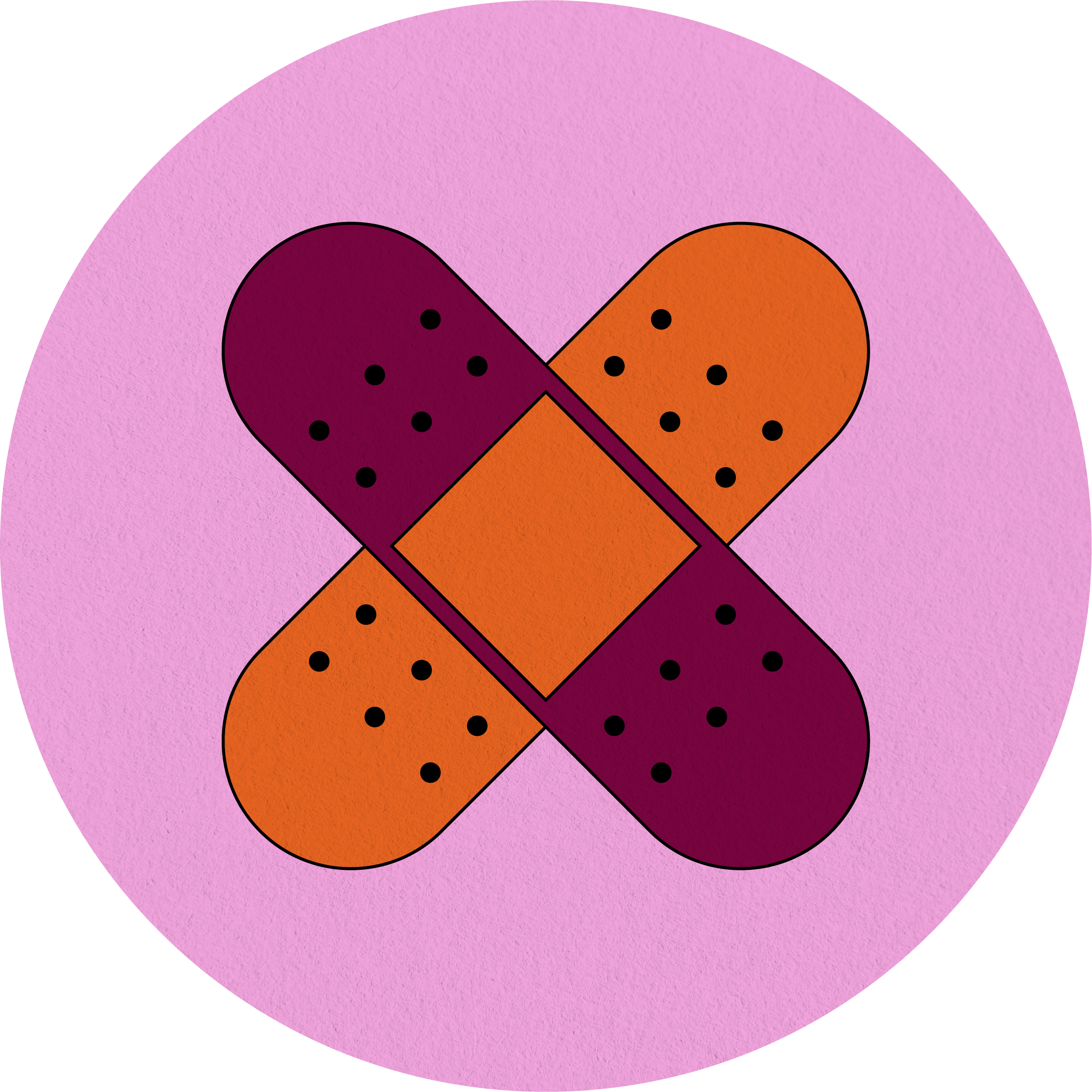 Illustration of two criss-crossed bandages on pink background.