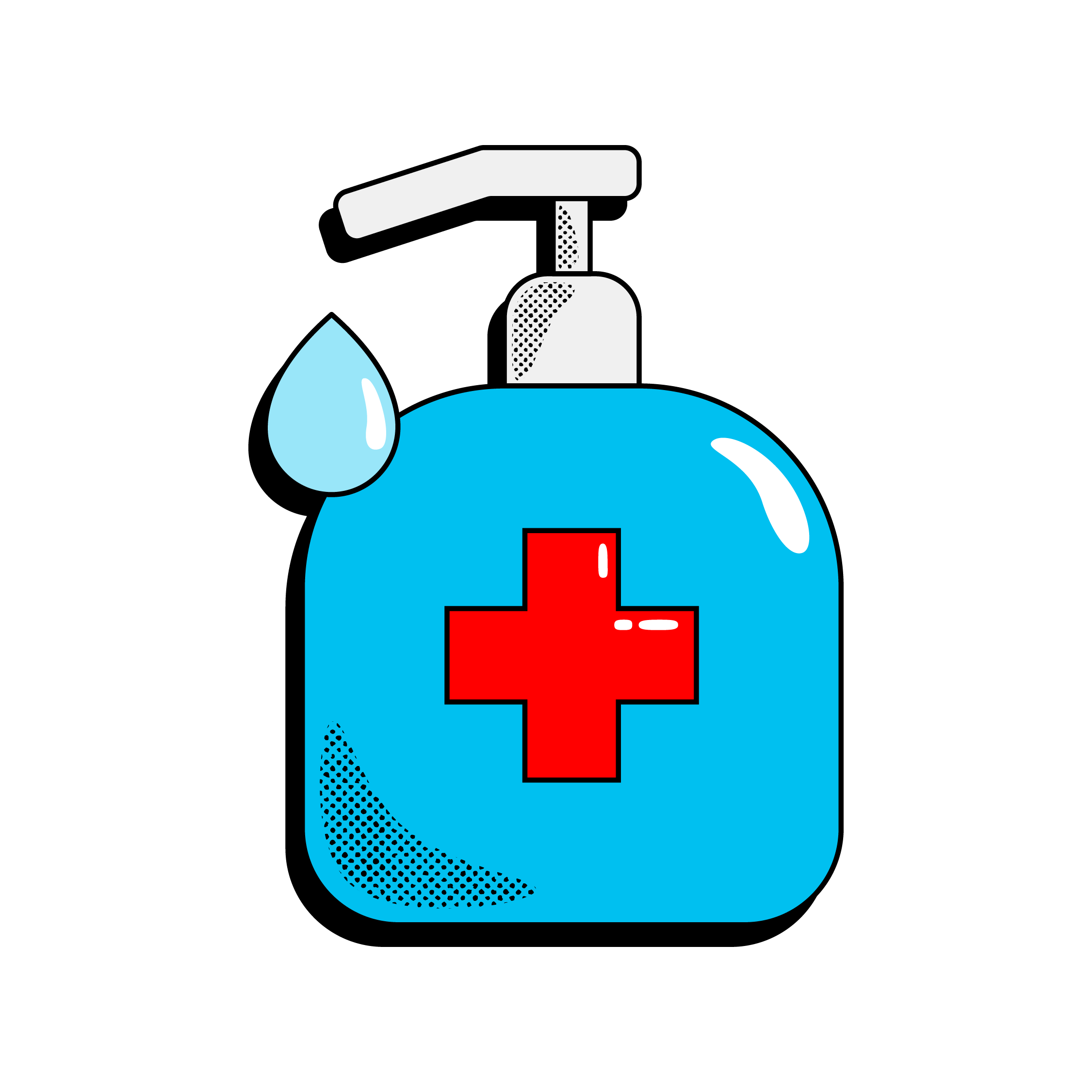 Blue soap or hand sanitizer bottle with a red cross.