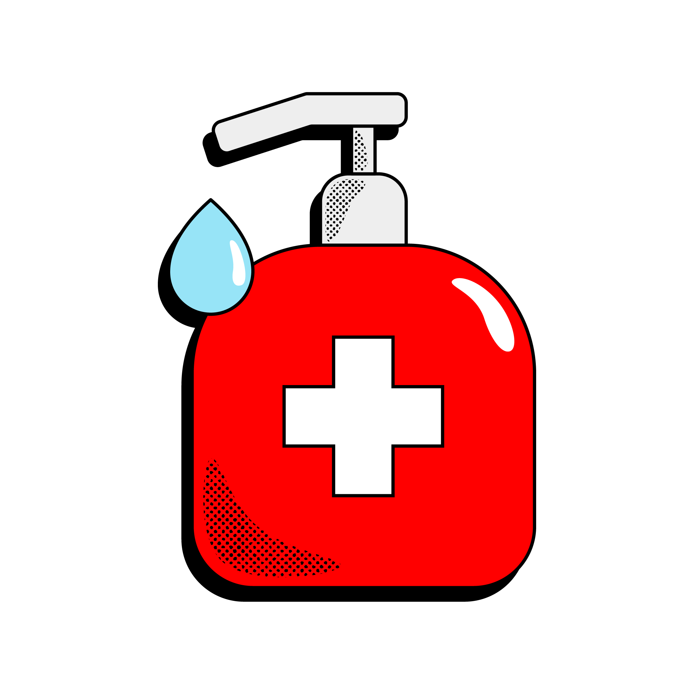 Red soap or hand sanitizer bottle with a white cross.