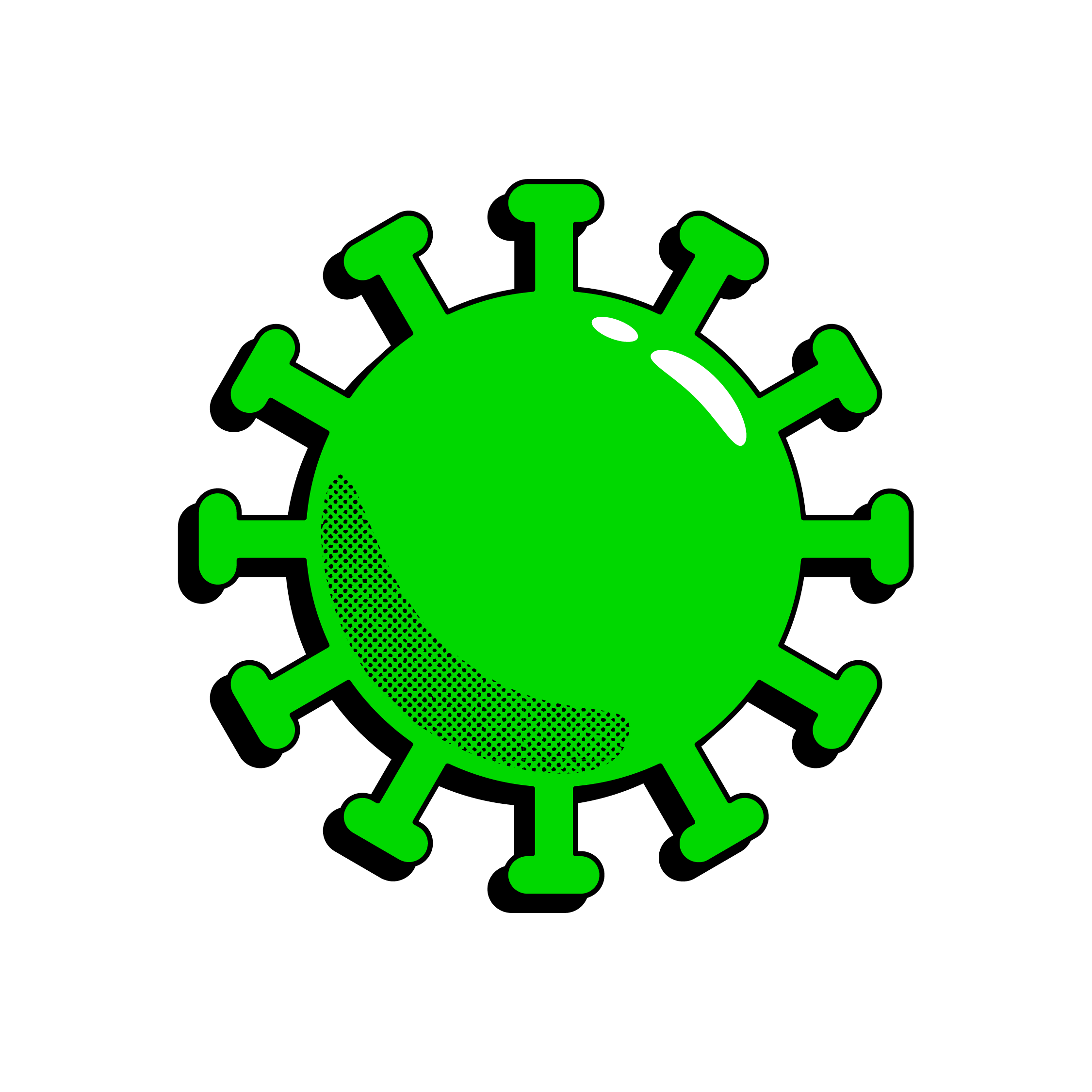 Green illustration of a COVID particle.