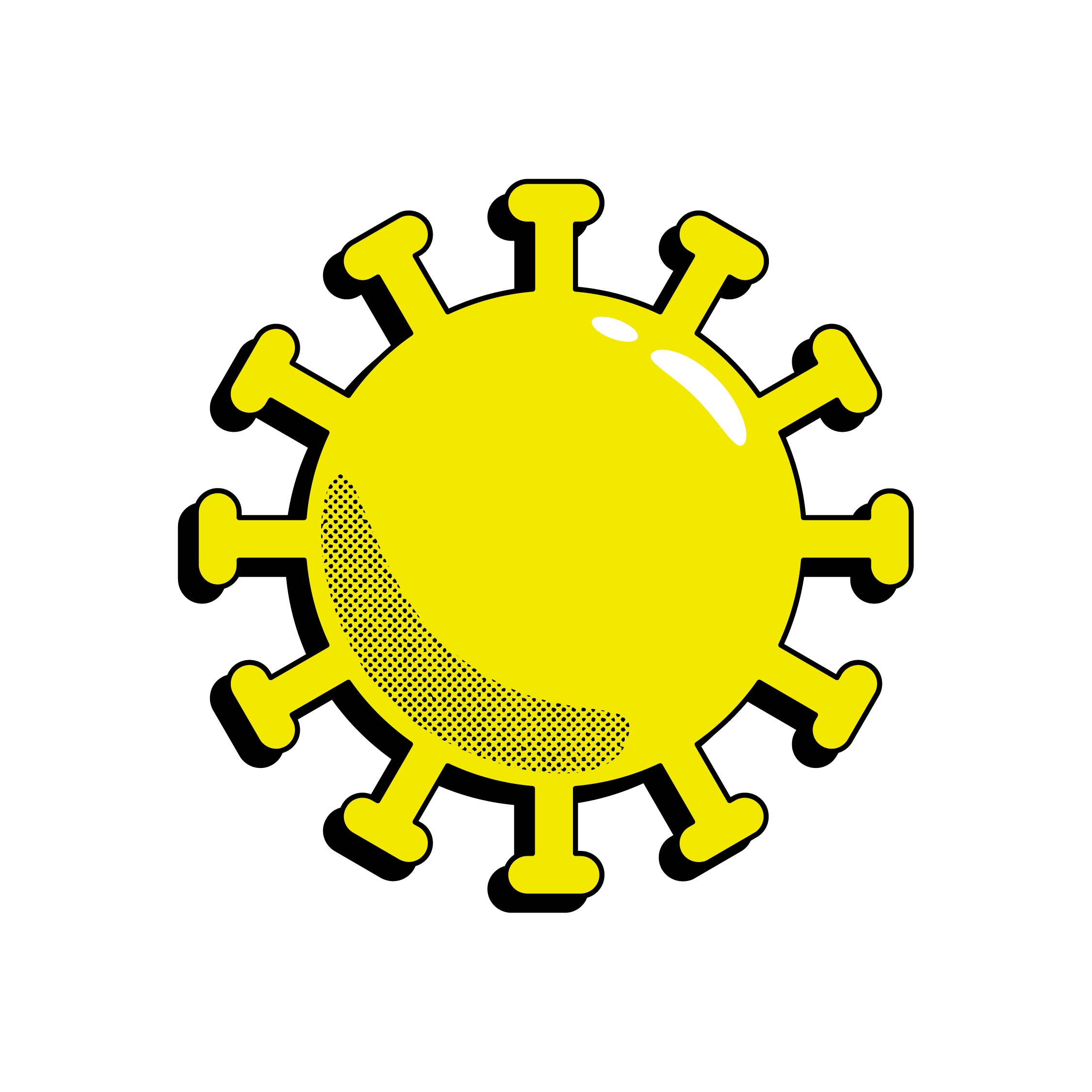 Yellow illustration of a COVID particle.