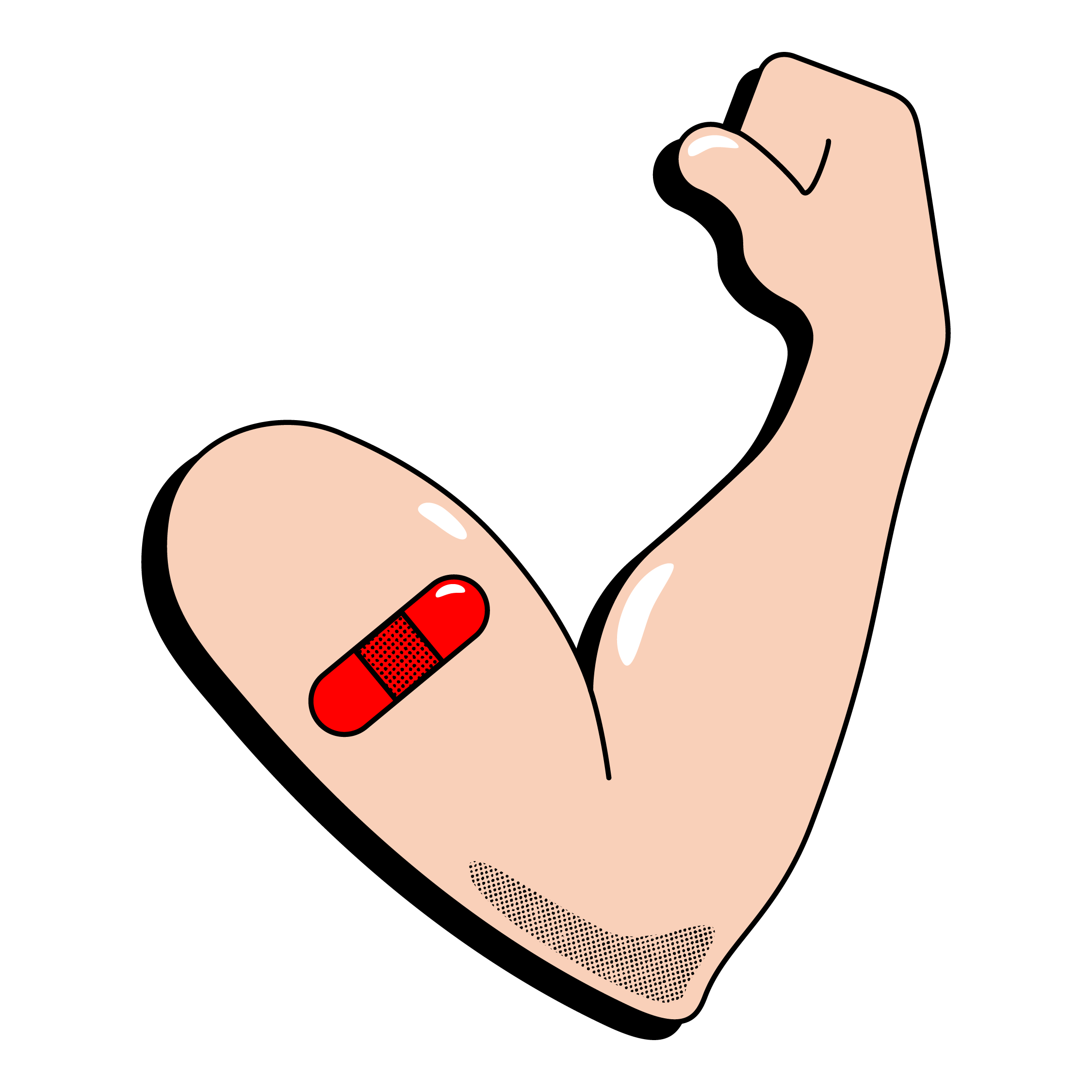 Illustration of a white arm flexing showing off a red bandage post-vaccination.