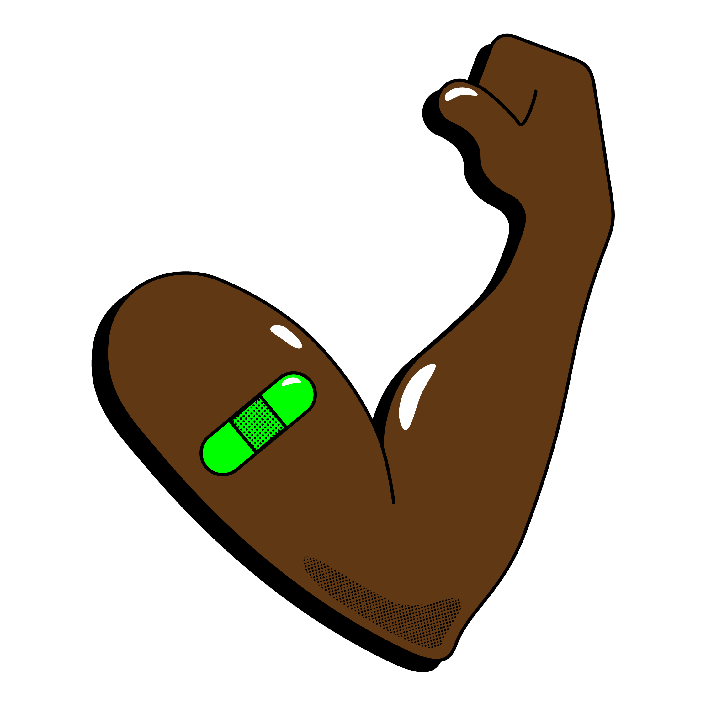 Illustration of a Black arm flexing showing off a green bandage post-vaccination.