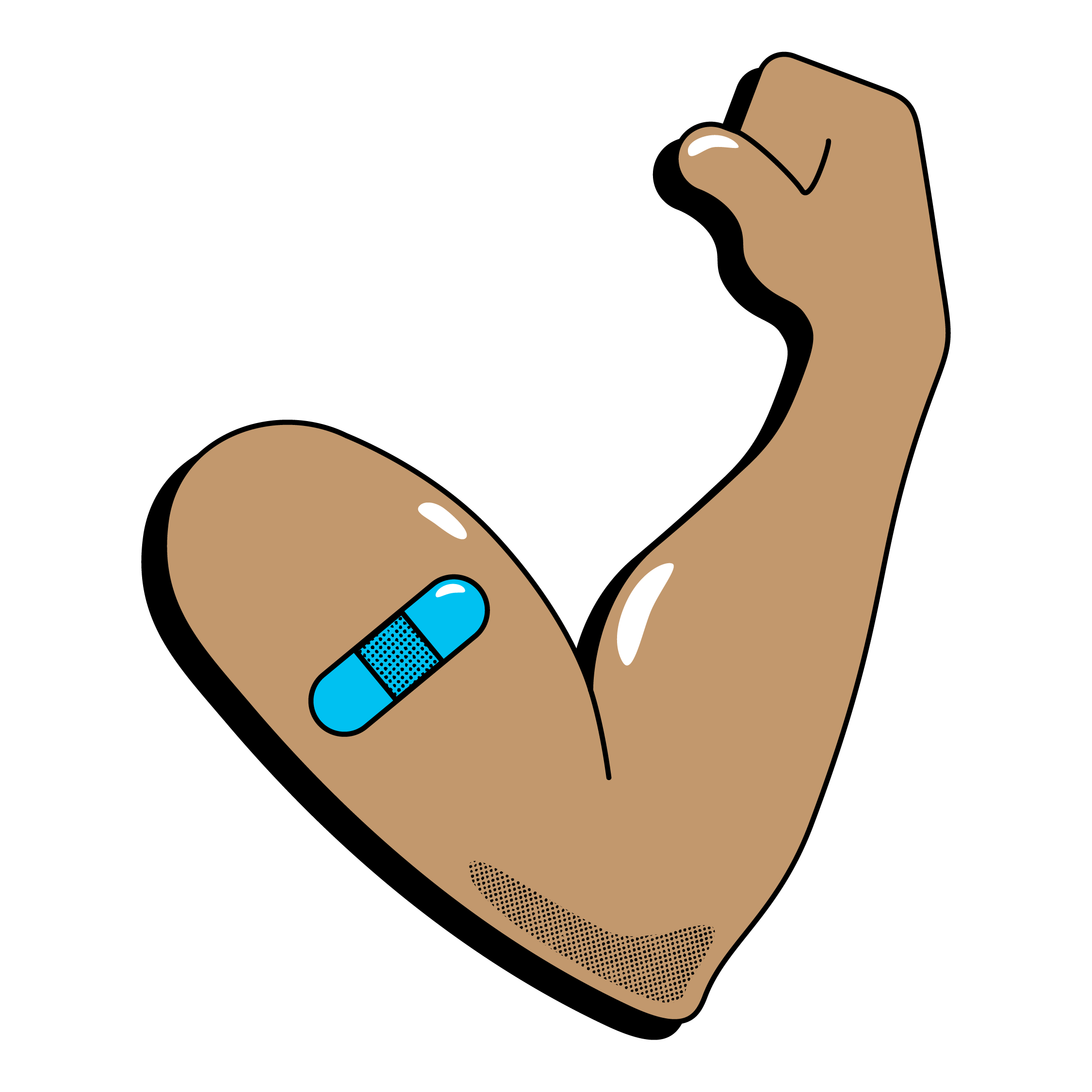 Illustration of a tan arm flexing showing off a blue bandage post-vaccination.