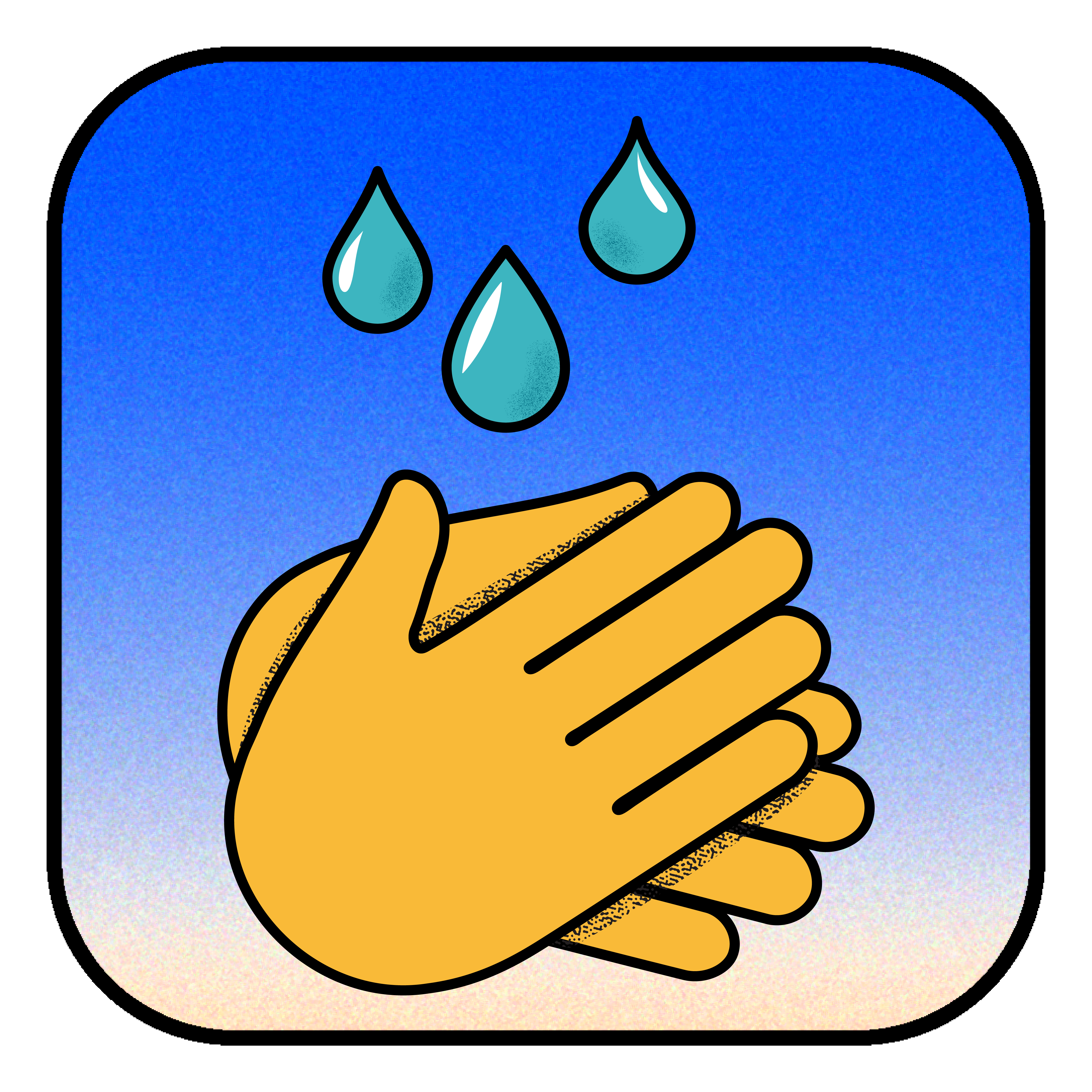 an illustration of light brown hands rubbing together and blue water droplets falling