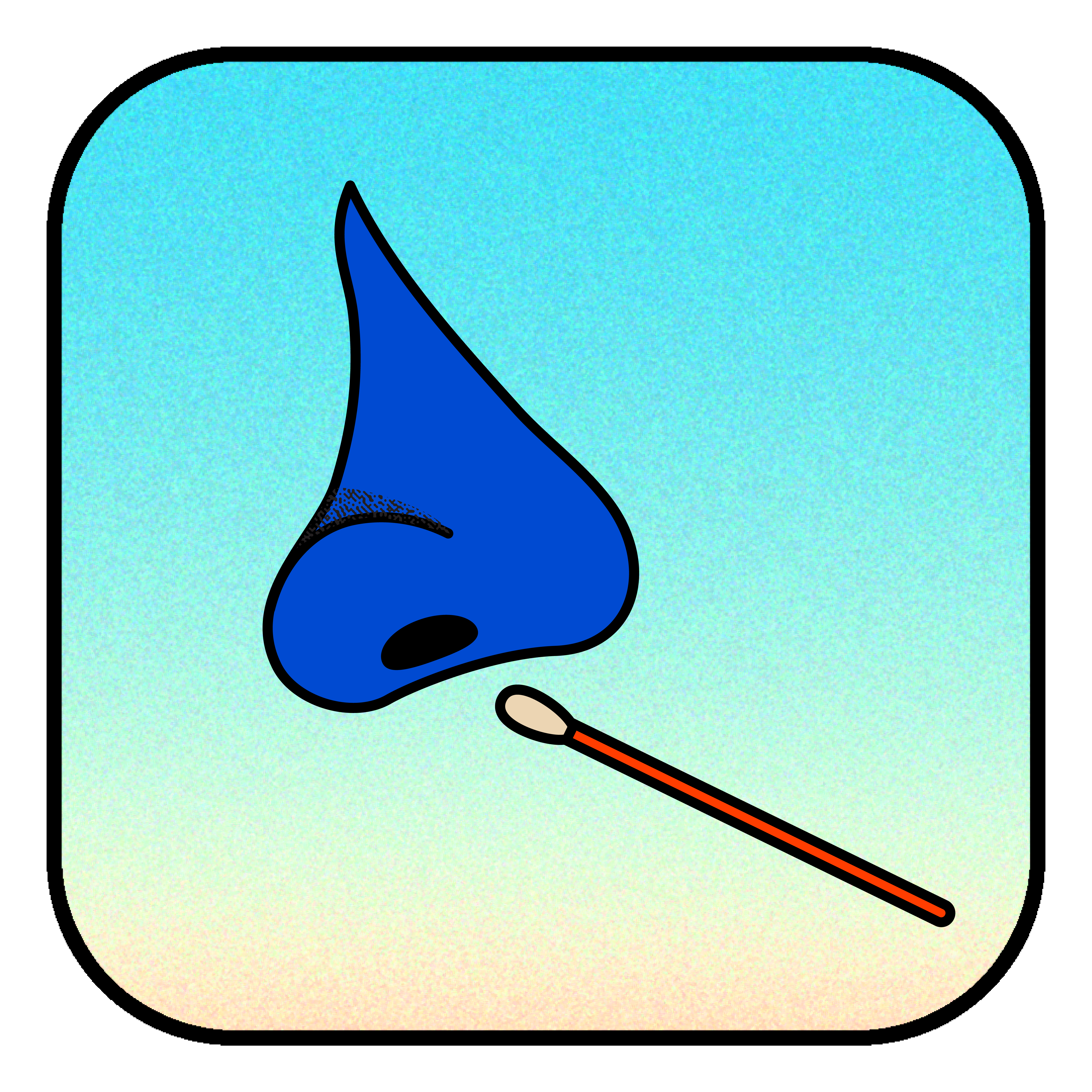 an illustration of a blue nose with a cotton swab about to enter the nostril