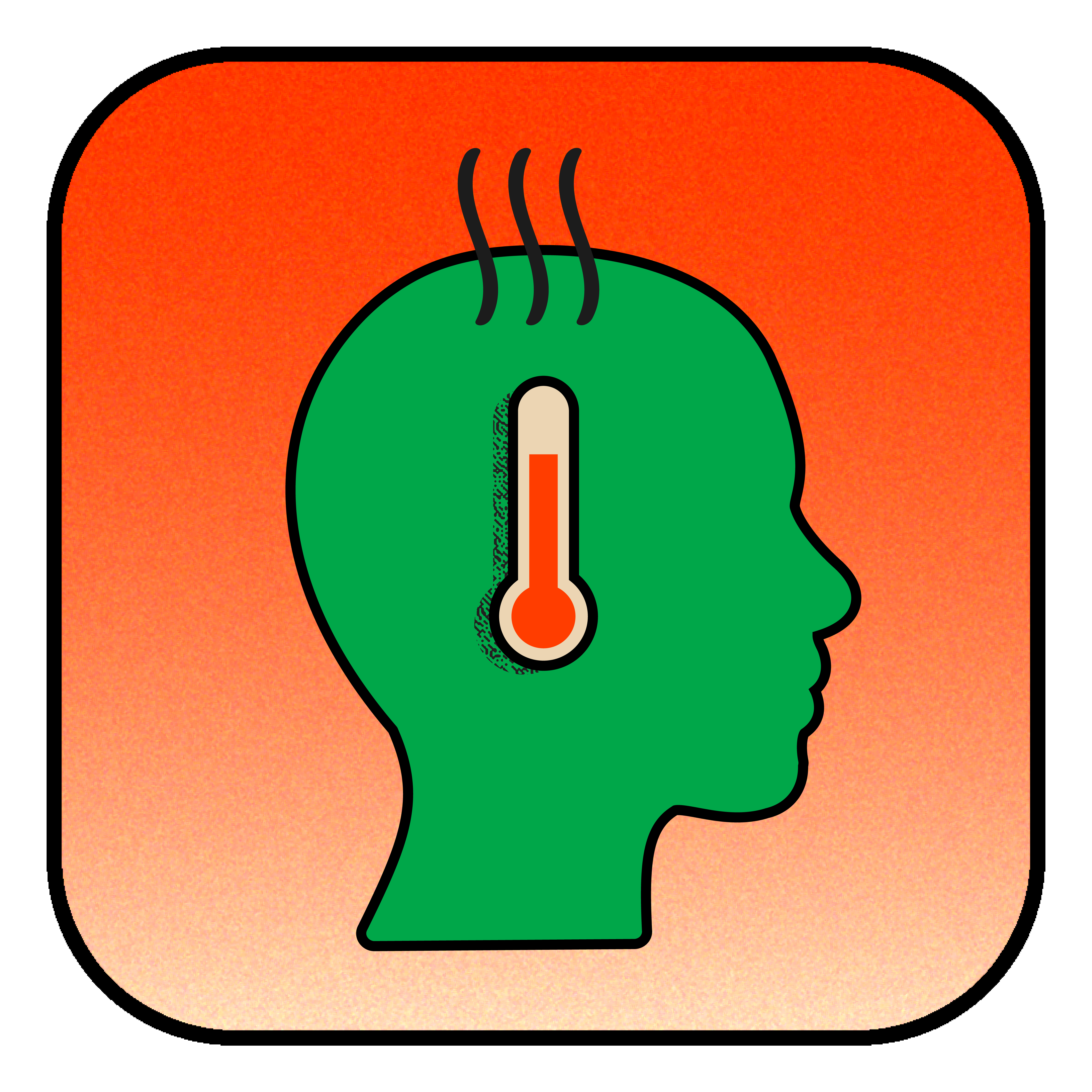 an illustration of a green silhouette with a thermometer indicating a fever