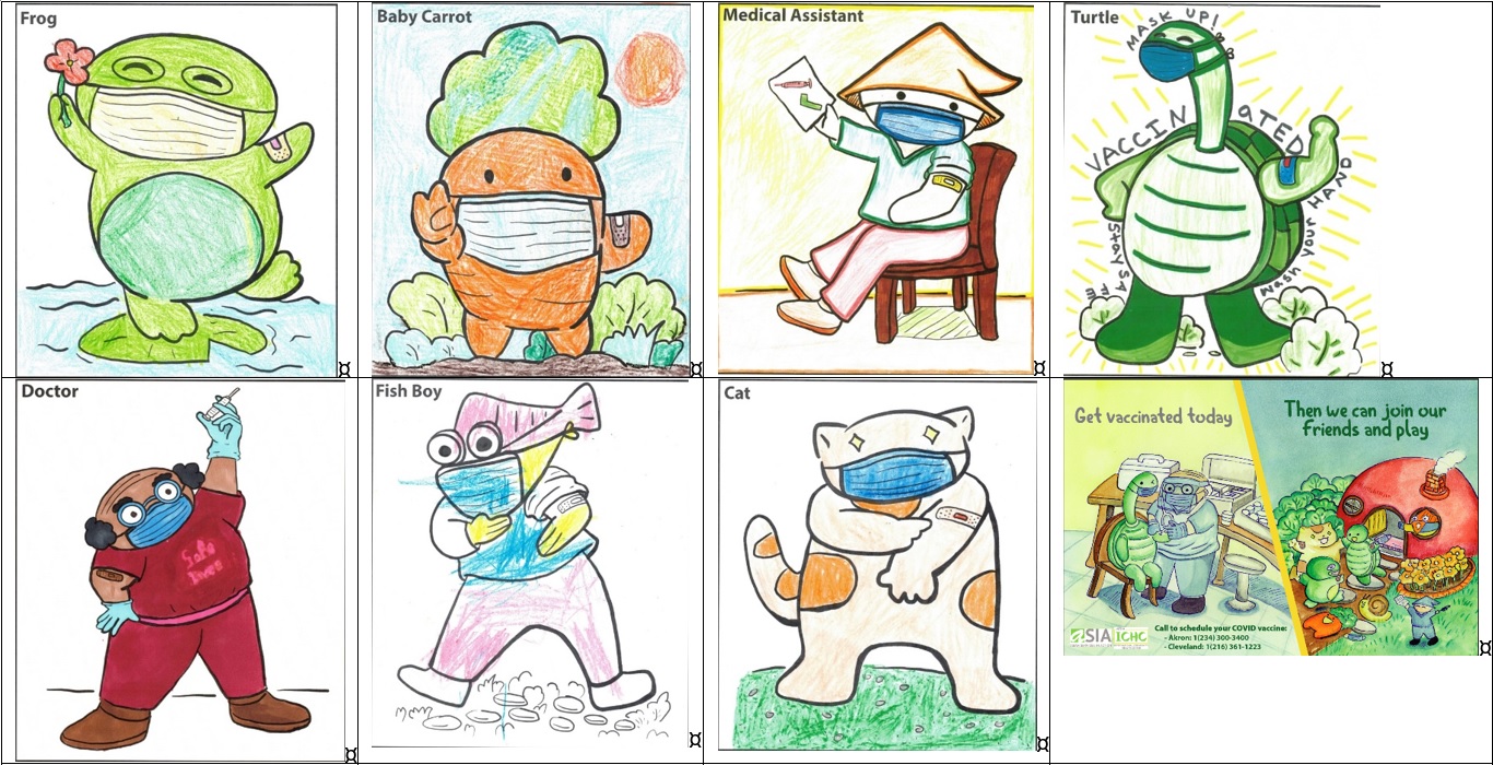 Coloring pages featuring characters wearing masks and getting vaccinated.