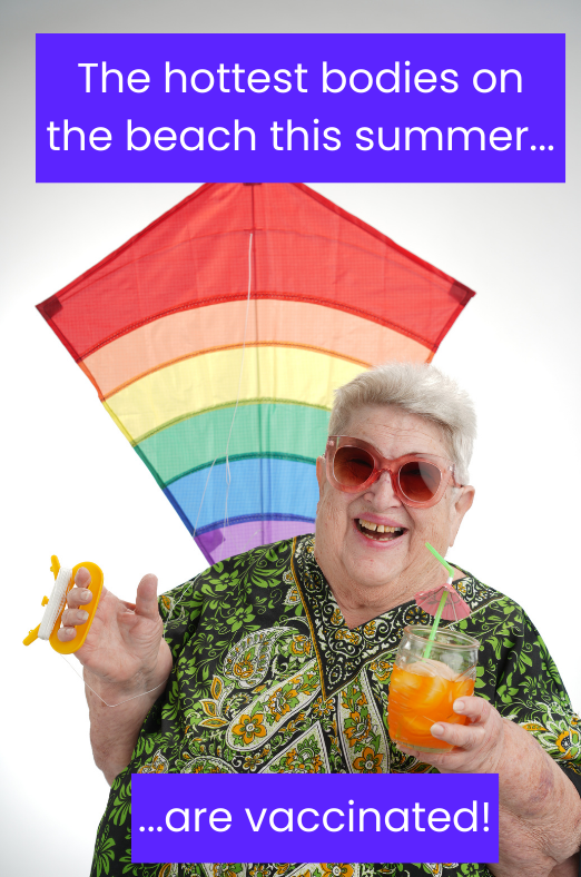 Older queer woman with a huge smile wearing sunglasses, holding a drink and flying a rainbow kite.