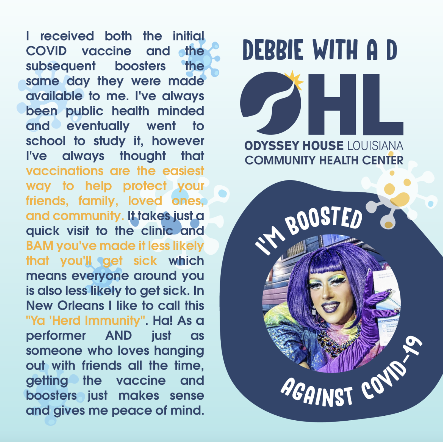 Facebook post includes text alongside an image of a drag queen with a purple bob and bangs and elbow length purple gloves.