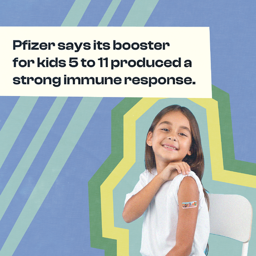 A young girl smiles and shows off the band aid on her shoulder. A text box appears above her which says "Pfizer says its booster for kids 5 to 11 produced a strong immune response"