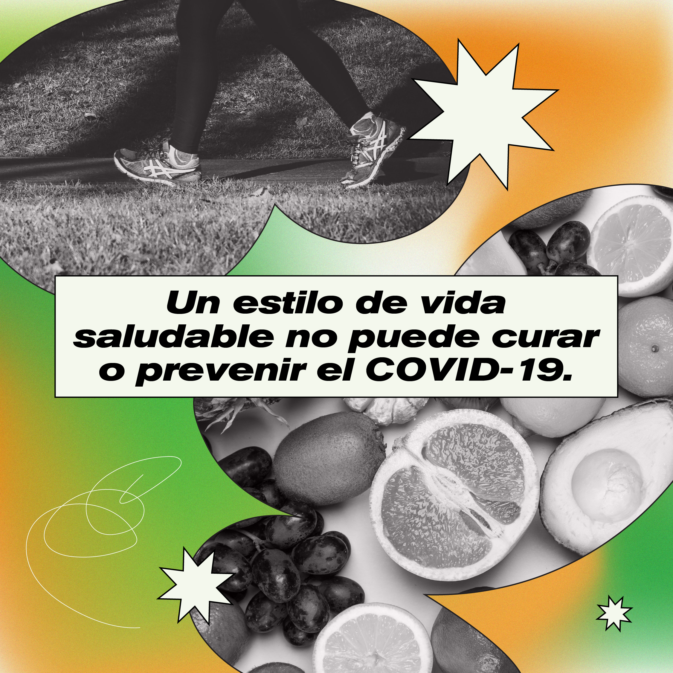 A graphic with a runner and fruits with text saying "A healthy lifestyle cannot cure or prevent COVID-19."