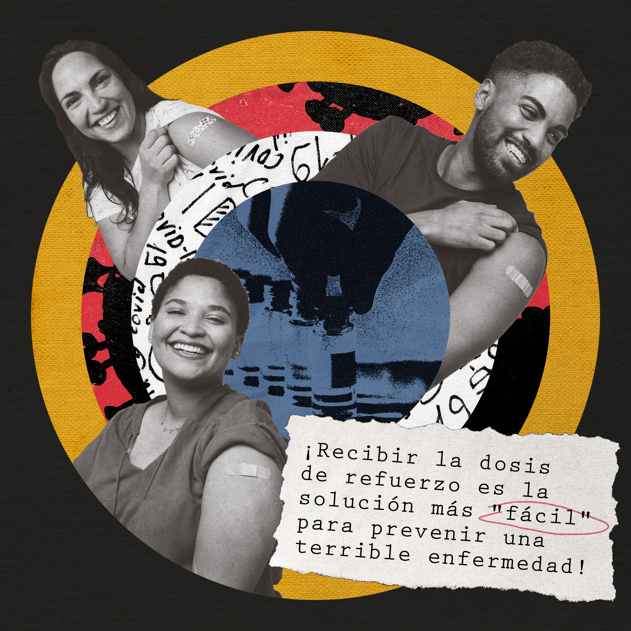 Three young people of multiple races/ethnicities smiling and showing adhesive bandages on their arm. Spanish text reads "Getting boosted is the "easiest" solution to prevent a terrible disease!"