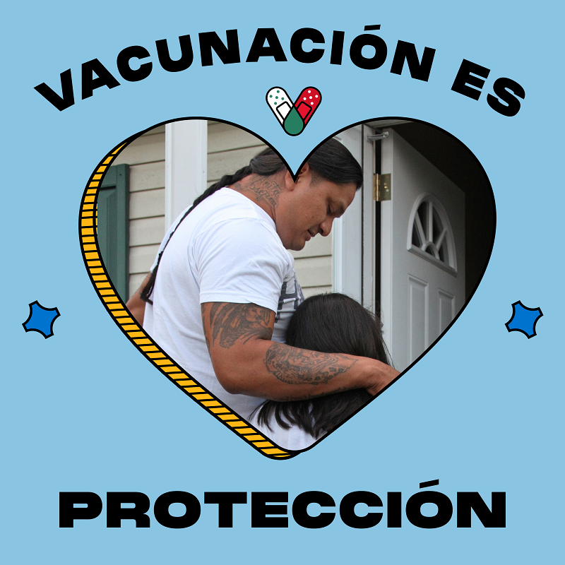 a woman and her daughter at a front door surrounded by the words "Vaccination is love" in Spanish