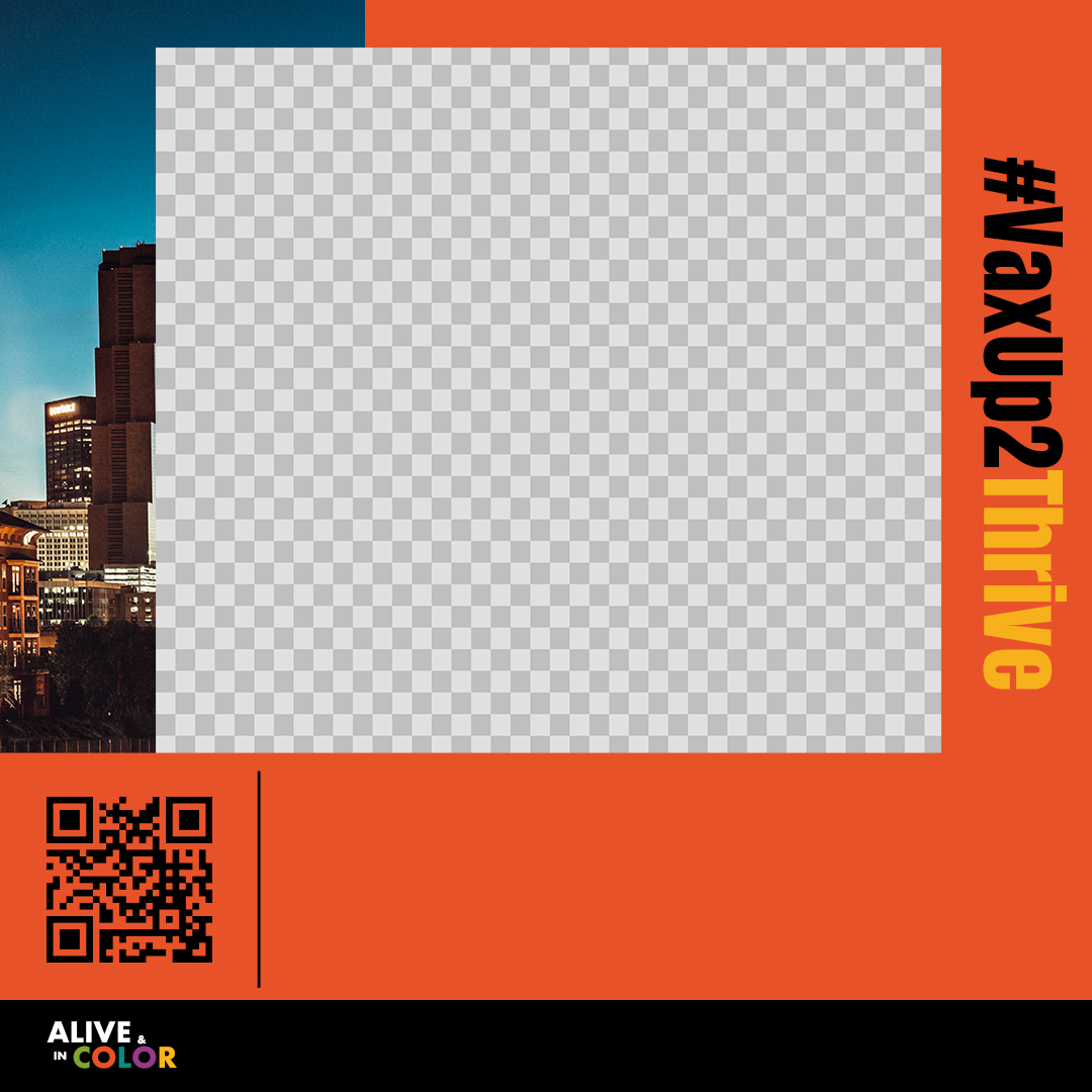 social media background template with orange and a cityscape and #VaxUp2Thrive. Alive & in Color logo is at bottom