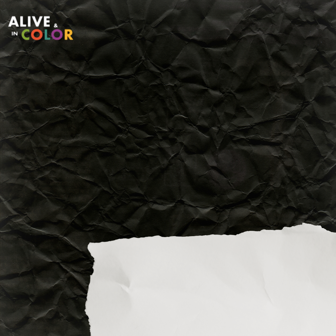 social media background template looks like black crumpled paper. Alive & in Color logo at top