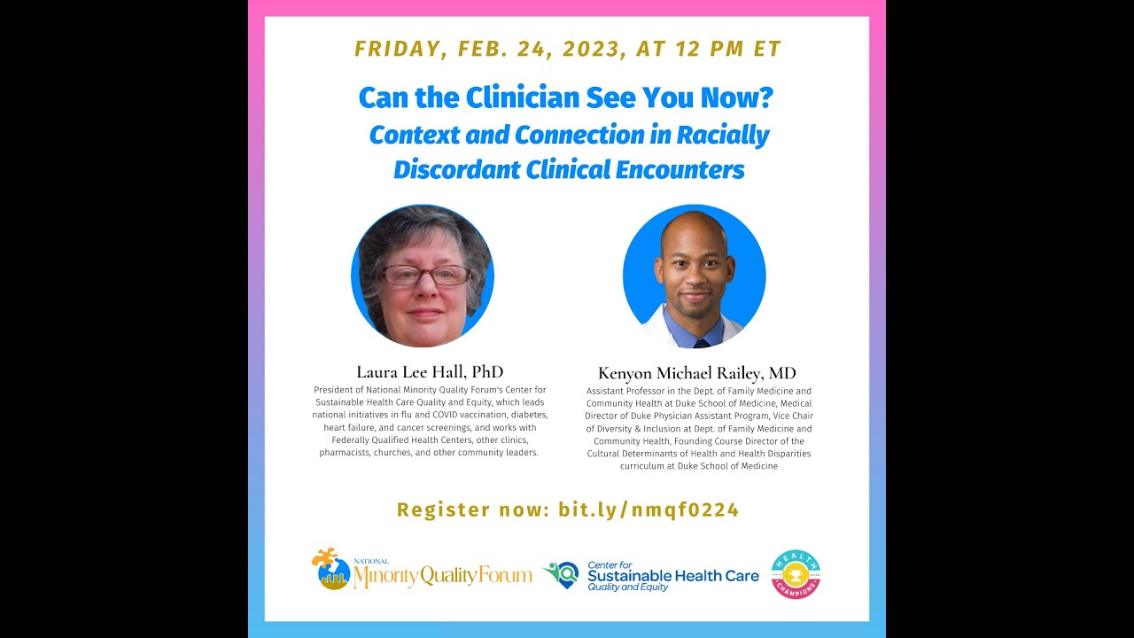 title page for the webinar shows a photo of a white woman and a photo of a black male physician