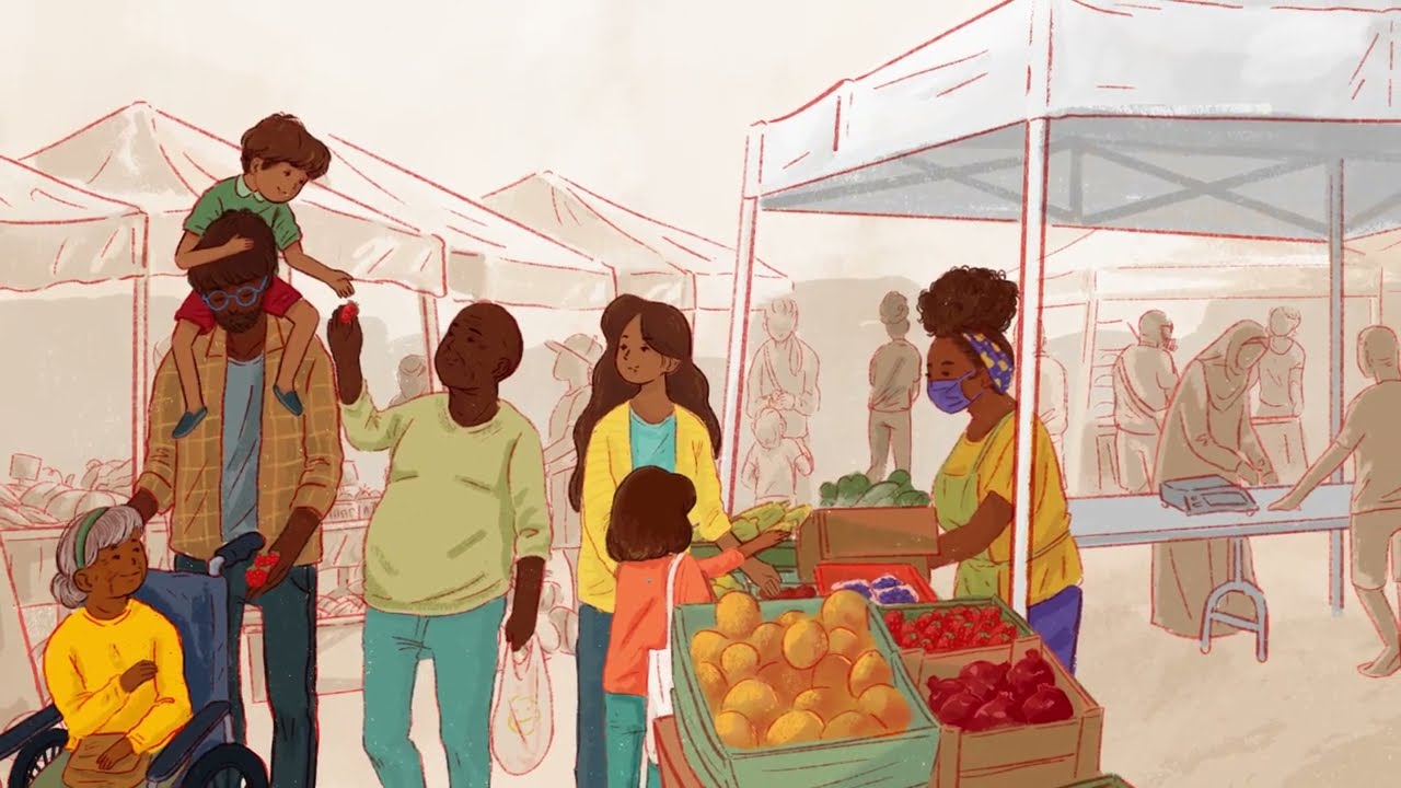 Thumbnail image of a screenshot from a video. A sketched image shows a family walking together in an outdoor market.