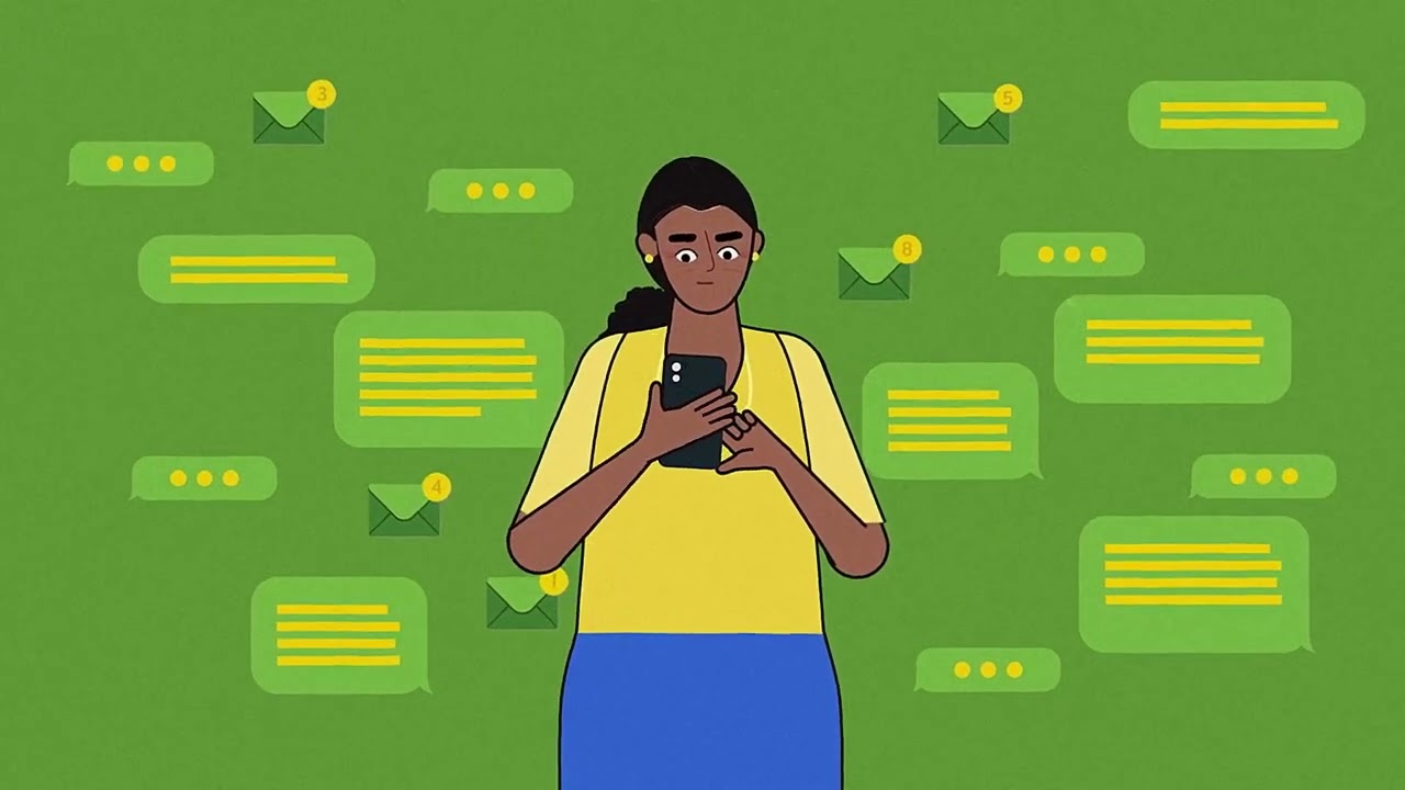Woman with dark brown hair and wearing a yellow shirt is looking at her phone and several message icons are surrounding her.