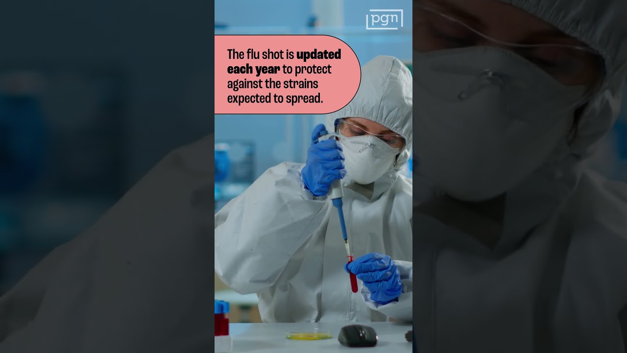 Scientist with mask in a lab holding a test tube. Caption says "The flu shot is updated each year to protect against the strains expected to spread."