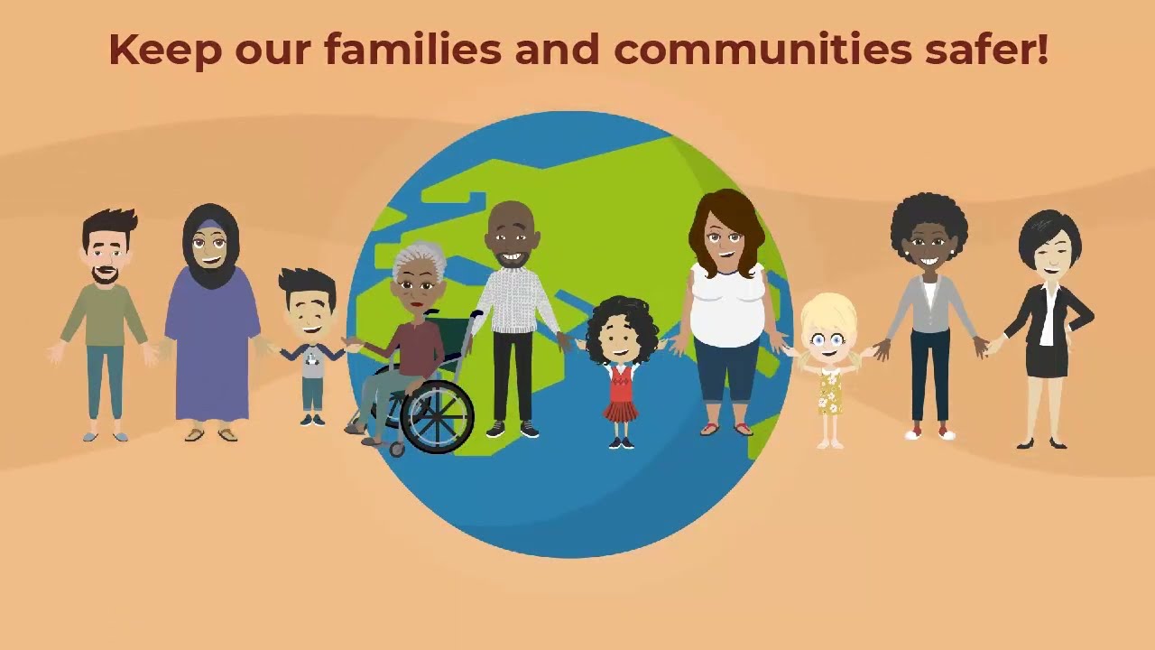A cartoon images shows a line of people of all different races and ages hold hands and smile in front of an image of earth
