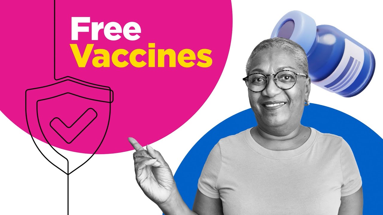 An older adult woman smiles and points to text on the left reading, "Free Vaccines."