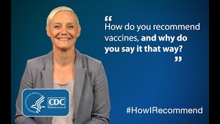 Virginia Chambers next to text reading, "How do you recommend vaccines, and why do you say it that way?" With the hashtag "How I recommend"
