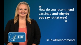 A White woman discusses vaccine recommendations on a blue background with a question in white text next to her