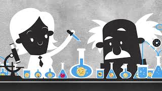 Graphic shows a cartoon of a woman and a man doing a science lab experiment.