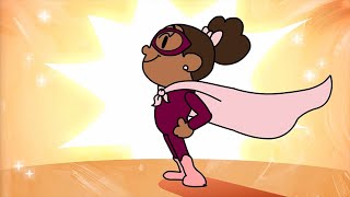 Cartoon image of a young Black girl wearing a superhero costume. 