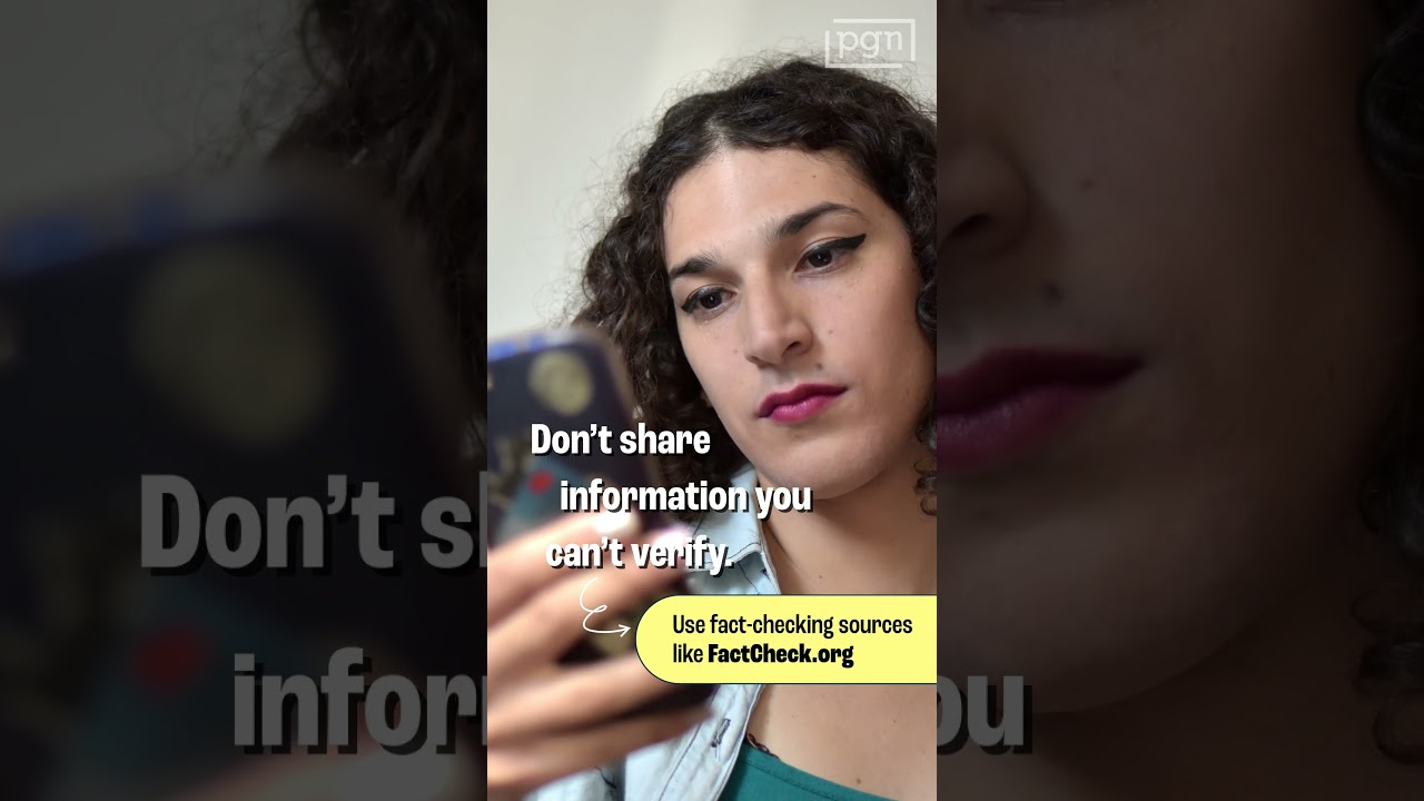 Video still shows a person scrolling on their phone with text encouraging viewers to verify the information they encounter online.