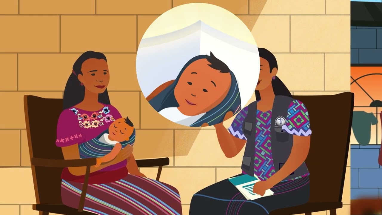 Graphic of two Latina women facing each other while sitting down, one is holding a baby that is sleeping, and there is a circular bubble with a close up of the baby's face