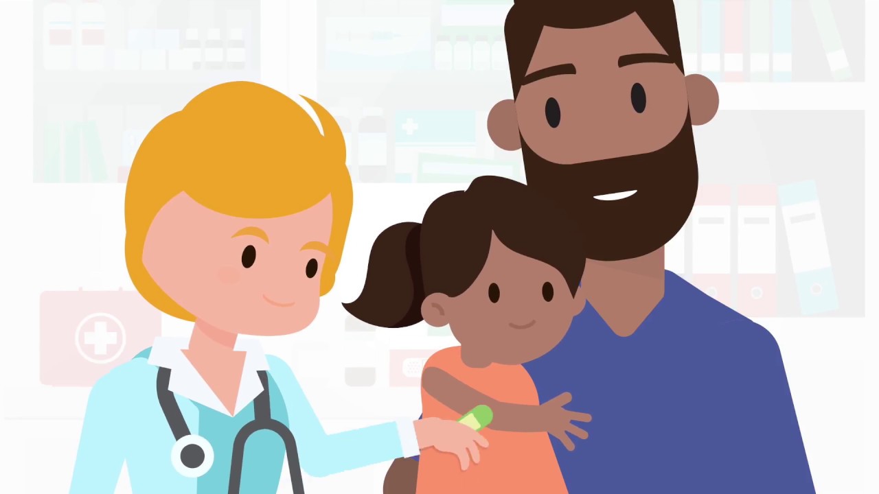 A cartoon father holds a young girl while a doctor places an adhesive bandage on her arm. 