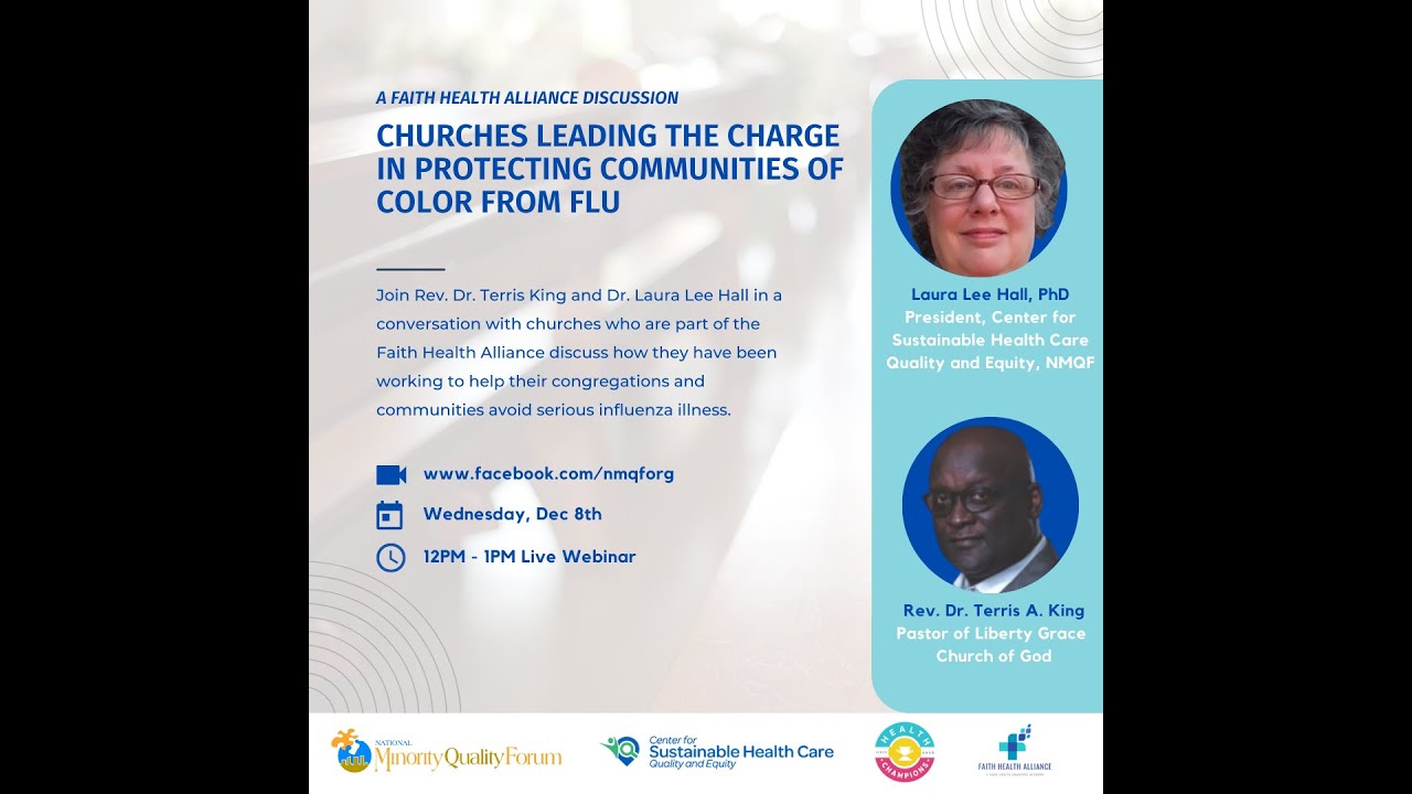 Webinar title slide with images of NMQF's Laura Lee Hall, PhD and Reverend Dr. Terris A. King