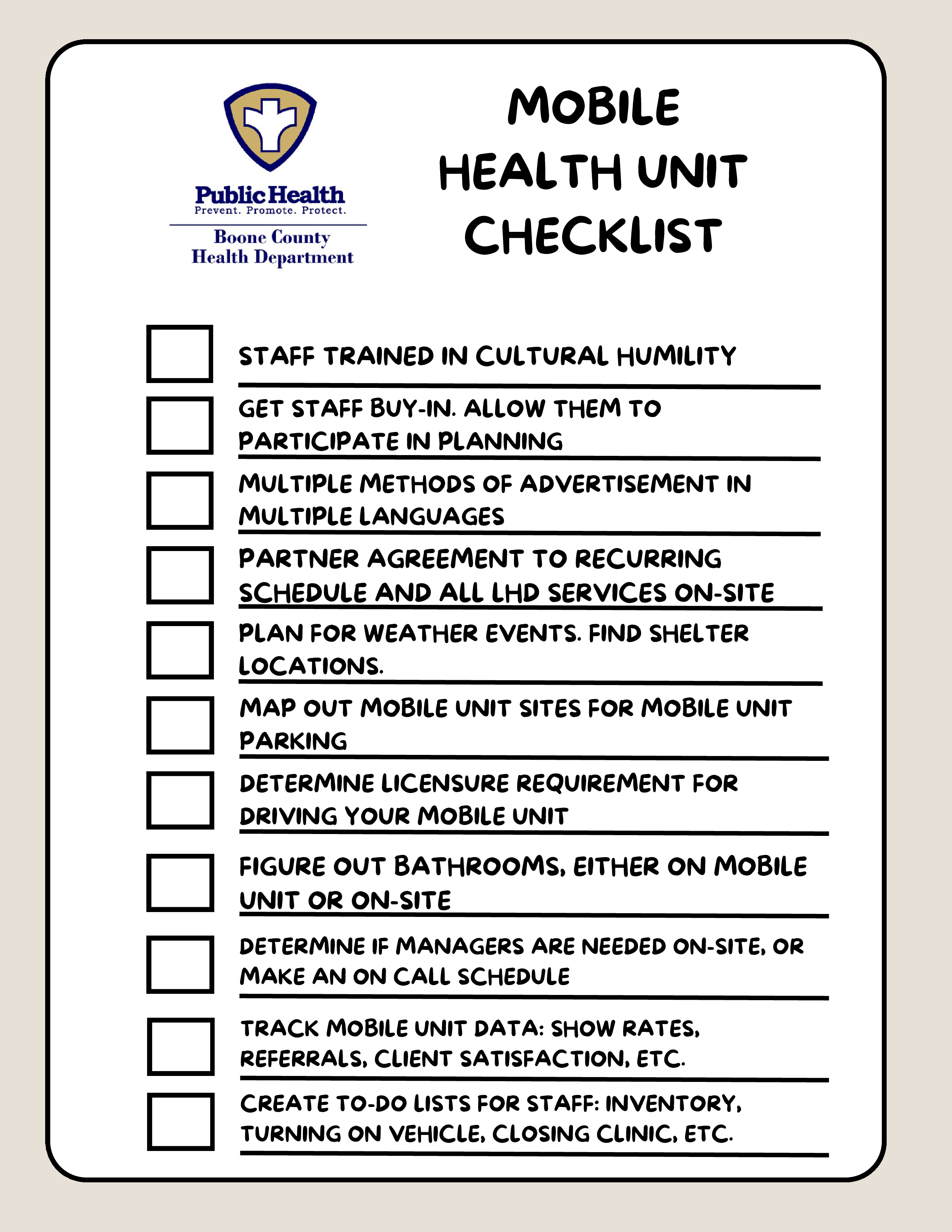 PDF shows checklist of suggestions for organizing mobile health units.