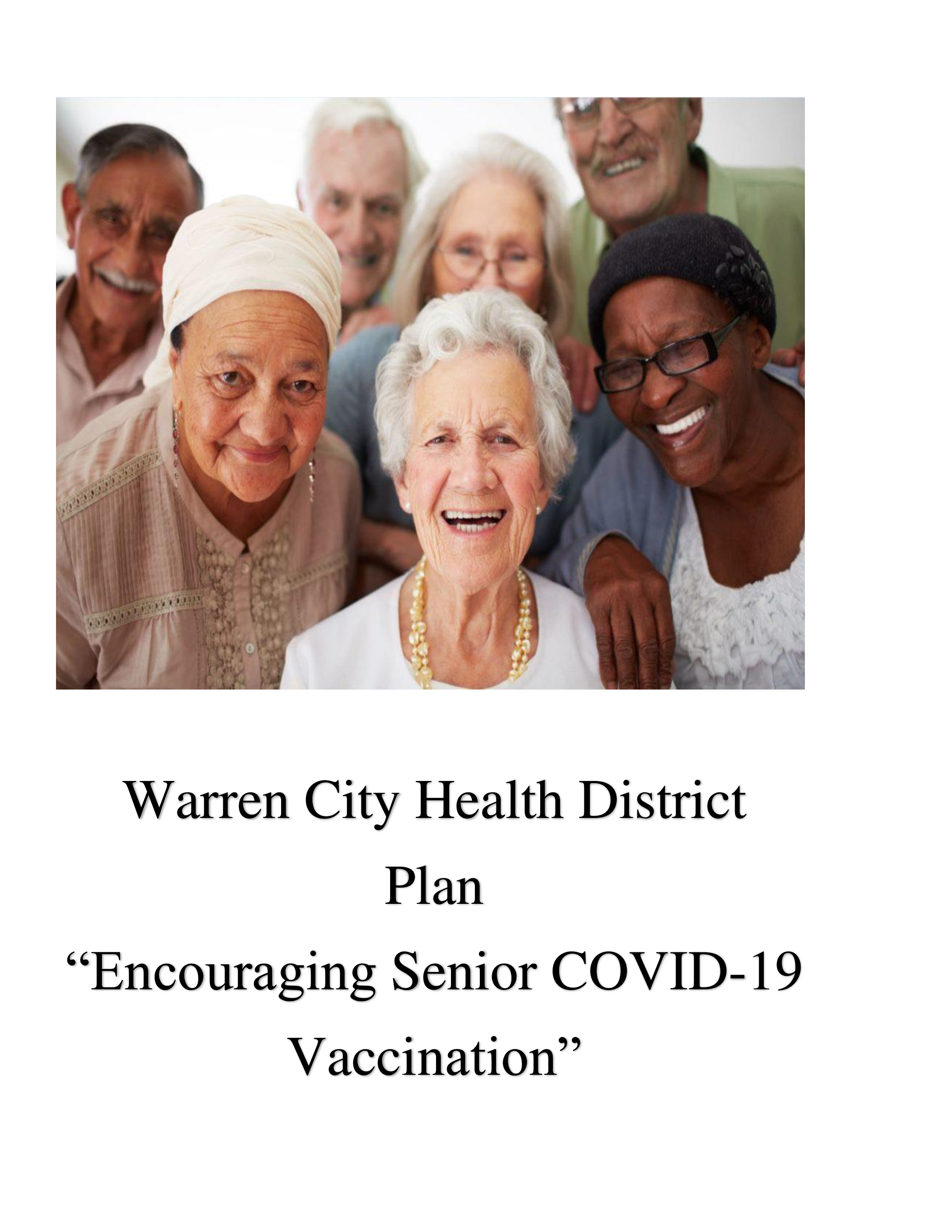 Title page has a group photo of older adults of different races smiling 