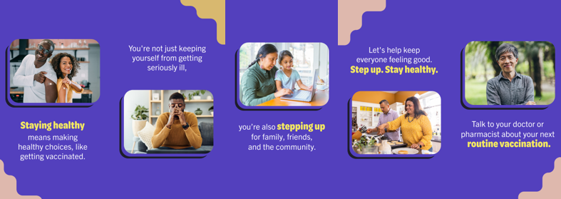 Panel of images shows a Black couple showing off Band-Aids at their vaccine site, a Black man with his head in his hands, an Indigenous mother and daughter, A husband and wife, and an adult Asian man smiling