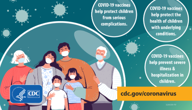 A cartoon family including multiple generations smiles and gathers in the left corner, while messages about COVID-19 vaccination appear in three bubbles at the top corner