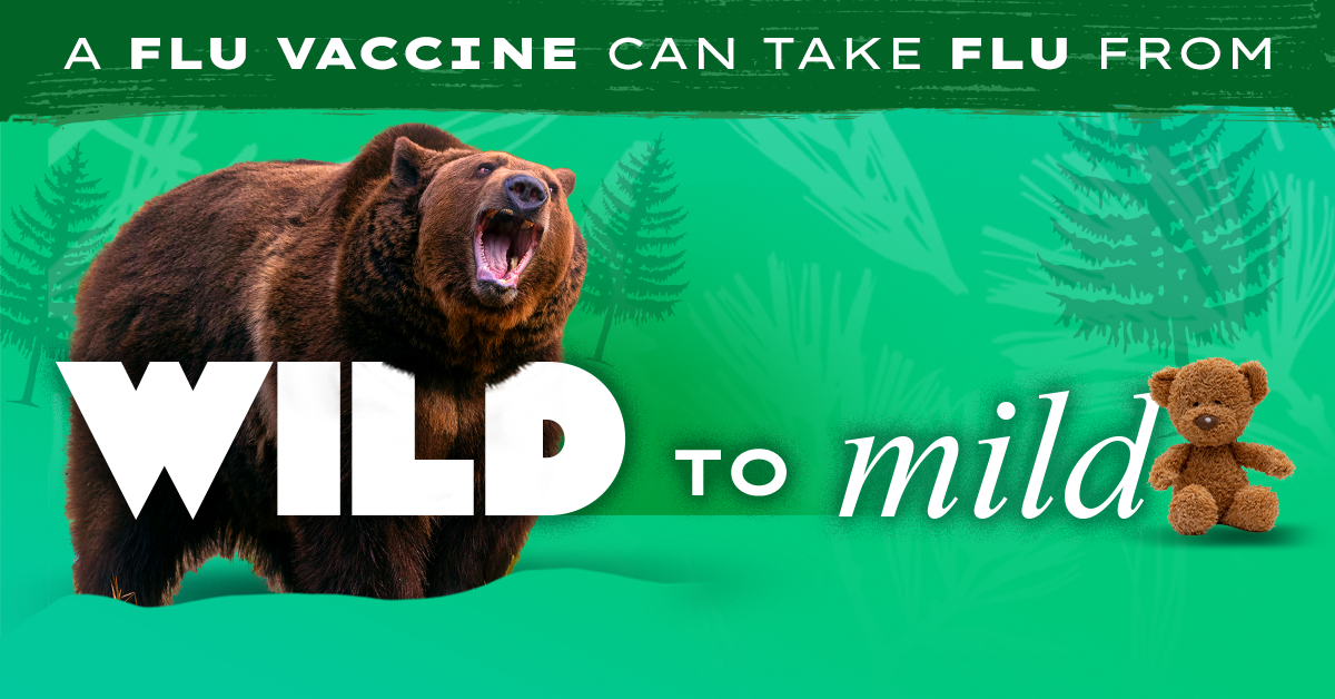 Bear with text: "A flu vaccine can take flu from wild to mild." #fightflu and CDC logo are in bottom right.