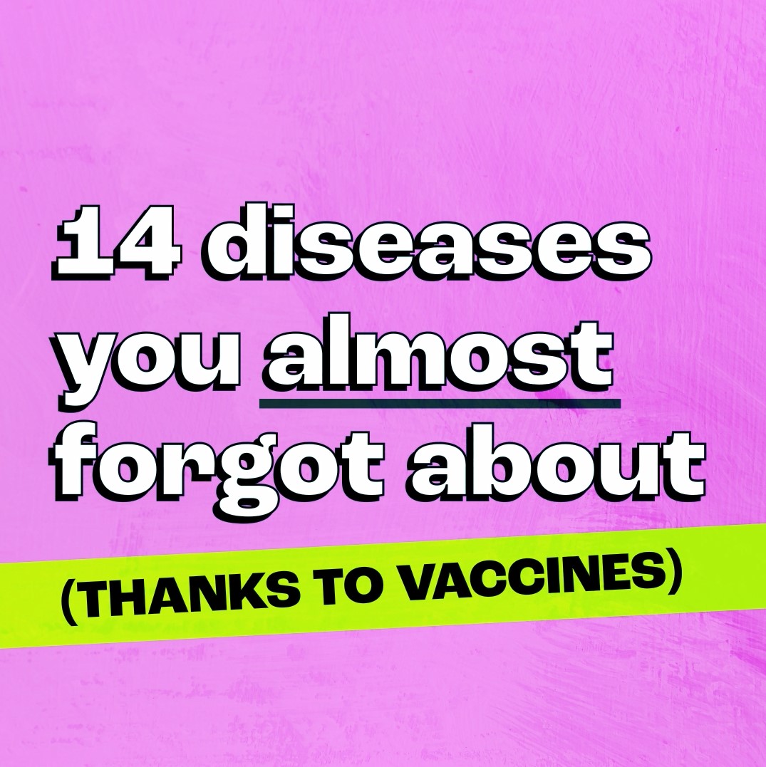 Text from video screenshot says 14 diseases you almost forgot about thanks to vaccines.
