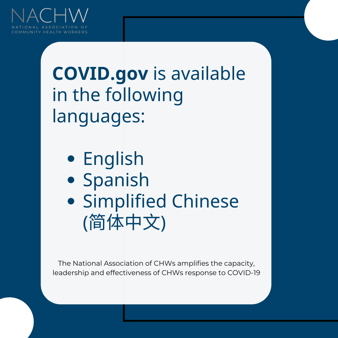 Text reads, COVID.gov is available in the following languages: English, Spanish, Simplified Chinese"