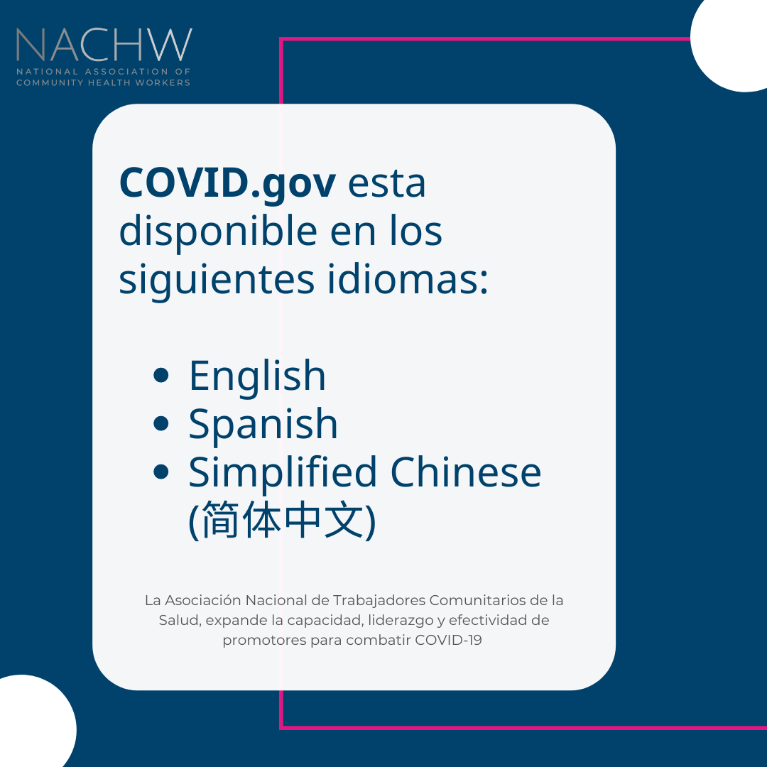 Spanish text reads, COVID.gov is available in the following languages: English, Spanish, Simplified Chinese"