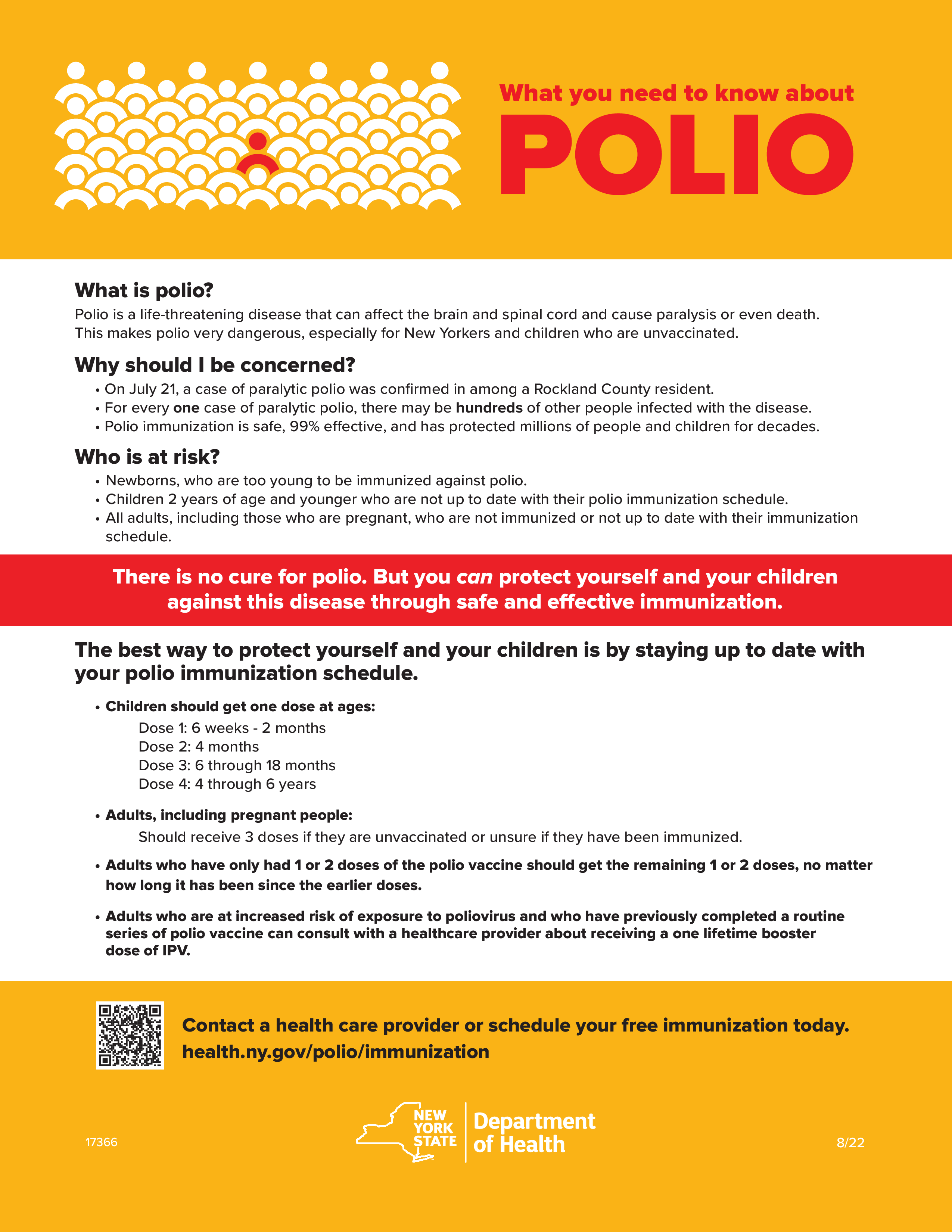 Yellow, white, and red colored factsheet with QR code, New York State Department of Health logo and web link to get more information at the bottom.